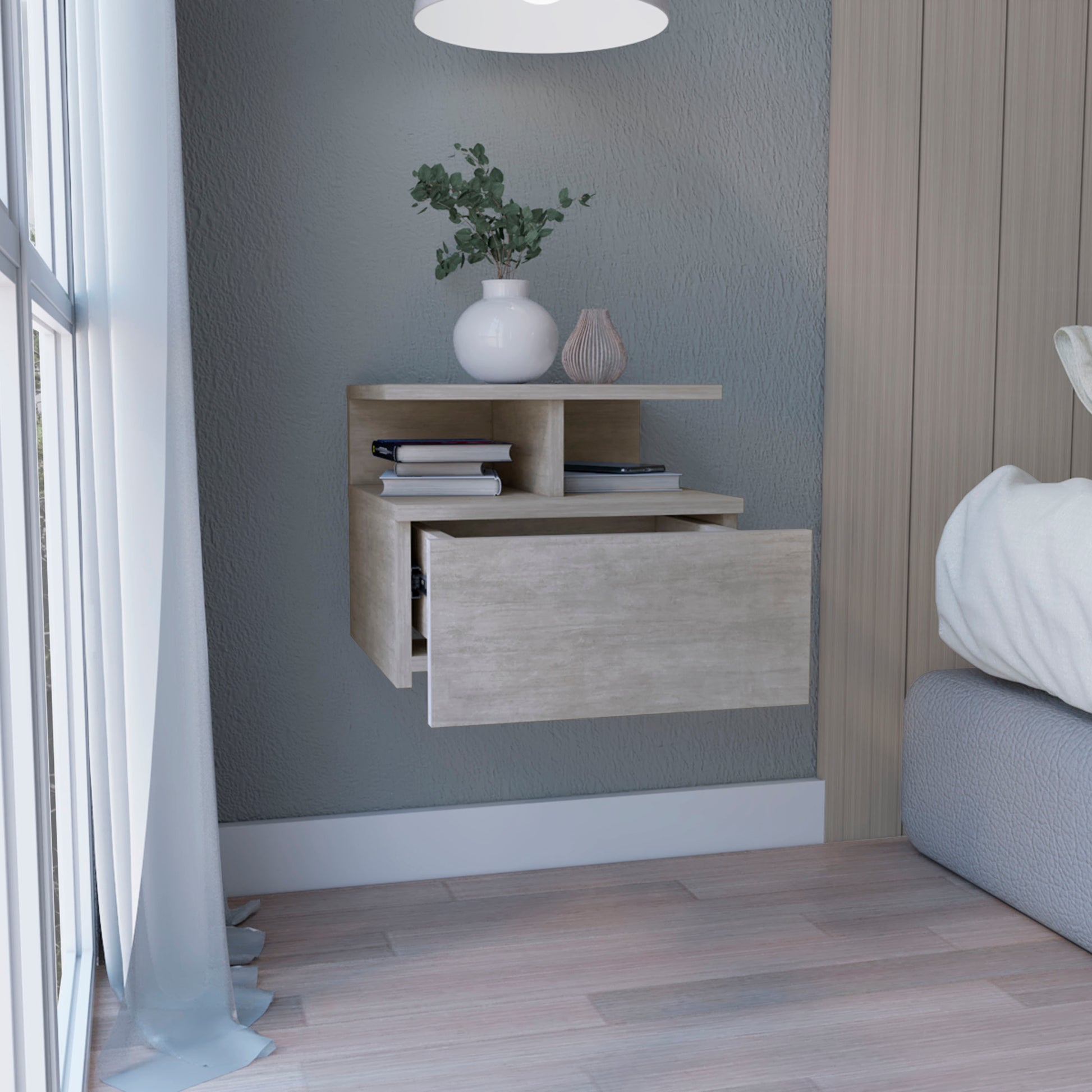 Floating Nightstand 12"H, Wall Mounted With Single Drawer And 2 Tier Shelf, Concrete Gray Gray Particle Board Pine