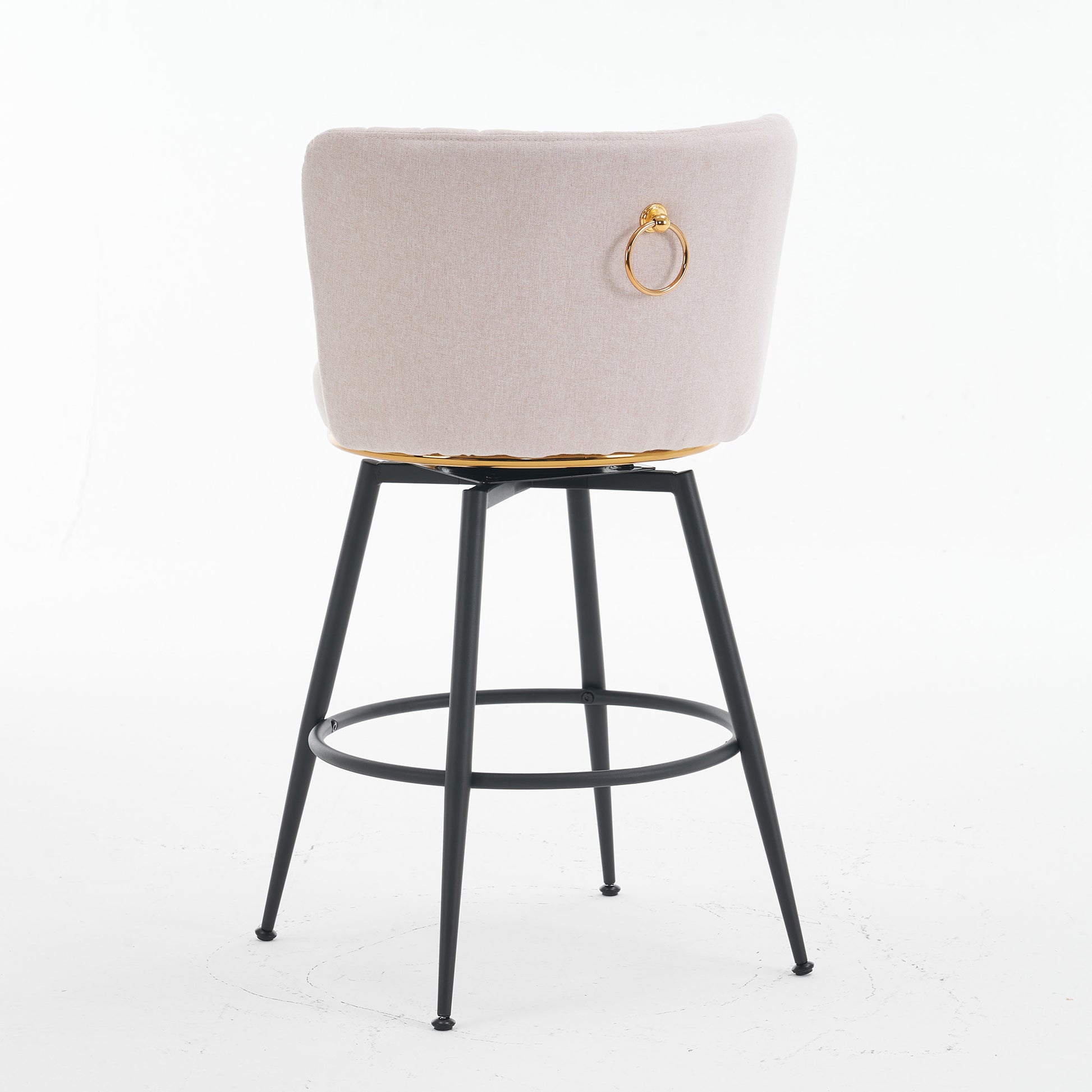 Set Of 2 Beige Swivel Bar Stools High Back, Adjustable, Upholstered With Elegant Metal Back Accents For Kitchen, Bar, Or Dining Room Beige Metal