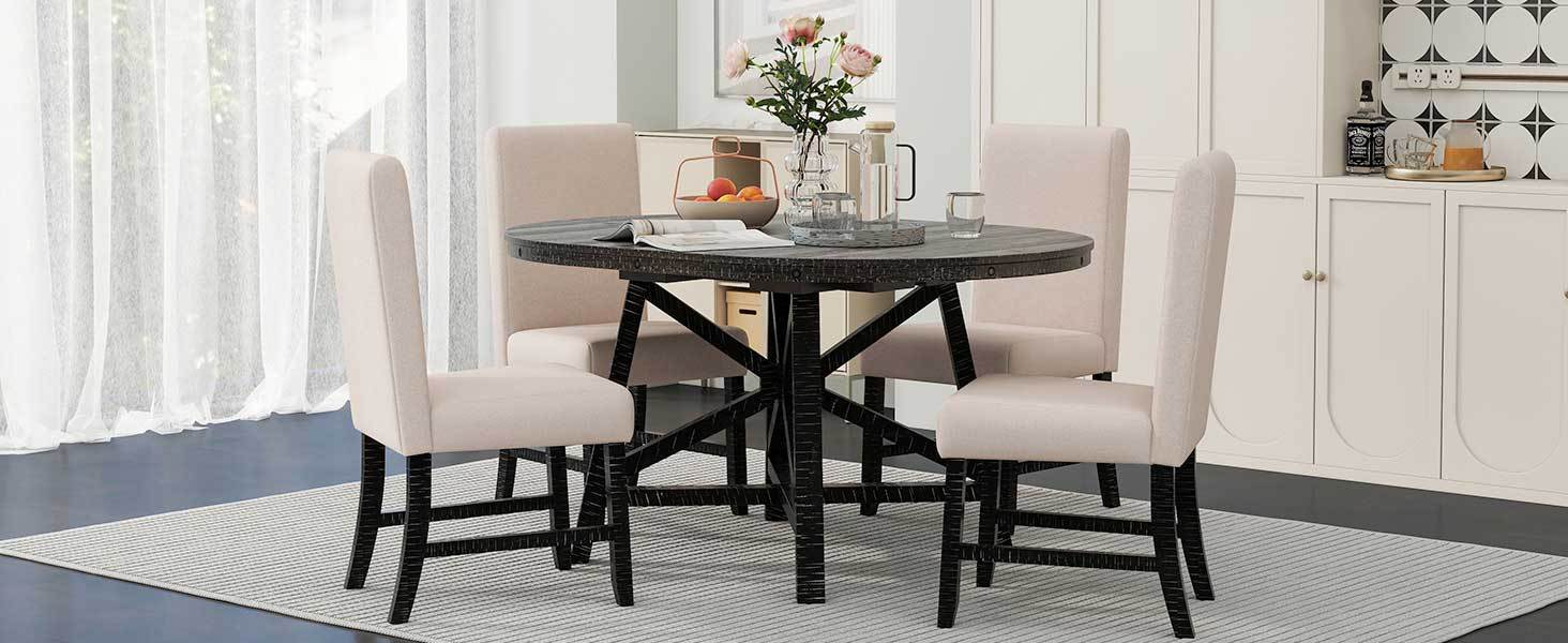 5 Piece Retro Functional Dining Set With Extendable Round Table With Removable Middle Leaf And 4 Upholstered Chairs For Dining Room And Living Room Black Black Solid Wood Mdf