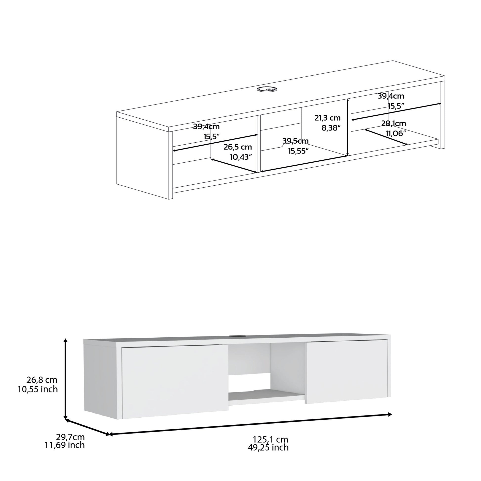 Adel Floating Tv Stand, Sleek Wall Mounted Console With 2 Doors, White White 50 59 Inches Particle Board Pine