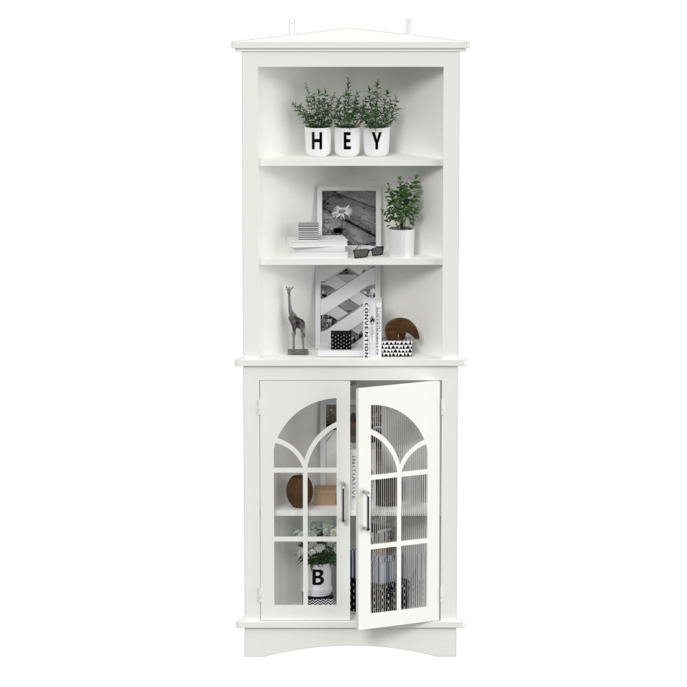 Corner Storage Cabinet, 63.3" Tall Freestanding Bookcase With Doors & Adjustable Shelves, 5 Tier Corner Display Cabinet For Living Room, Office, Dining Room, White White Adjustable Shelves Mdf Metal