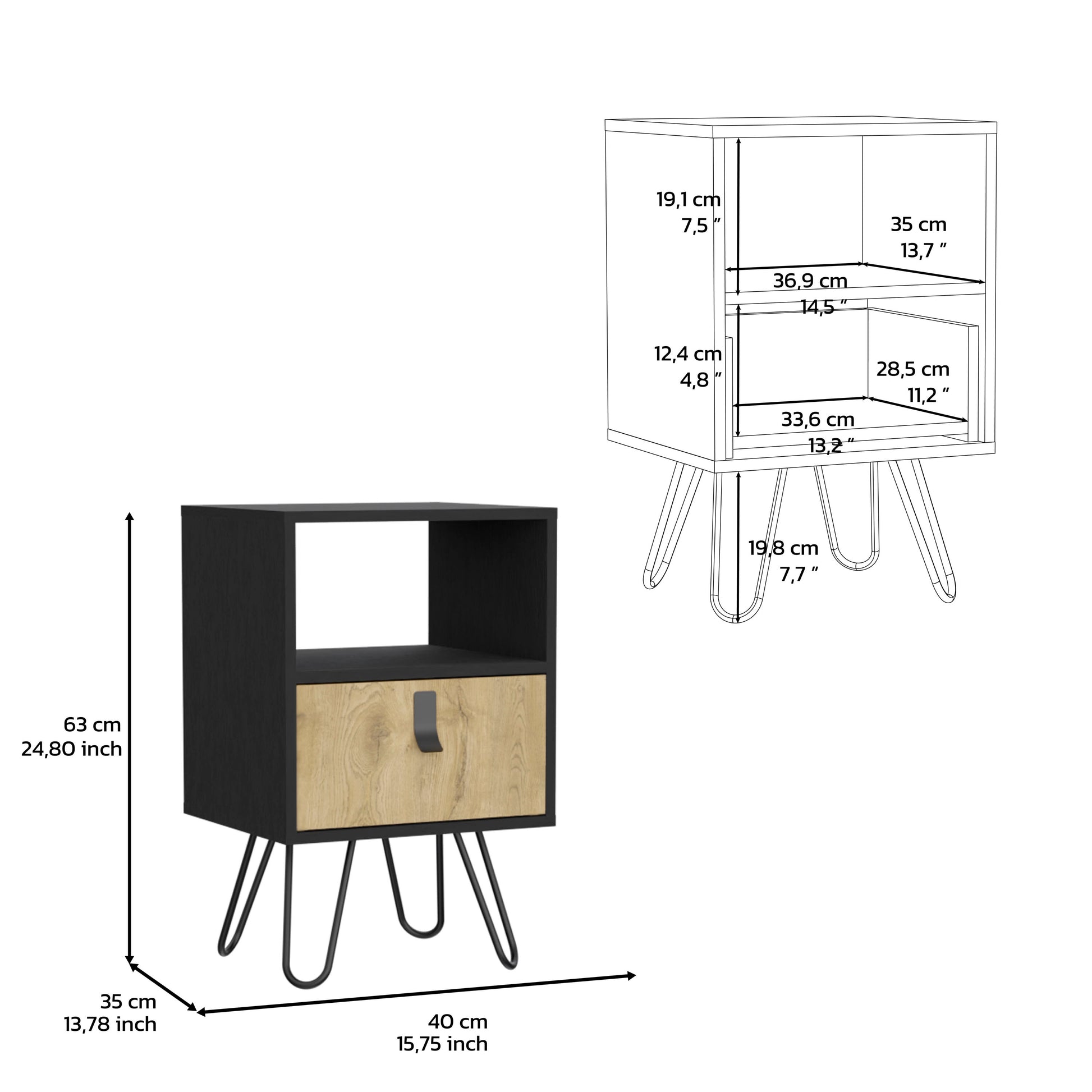 Nightstand 24"Hsleek Design With Hairpin Legs And One Drawer, Black Macadamia Black Multi Particle Board Pine