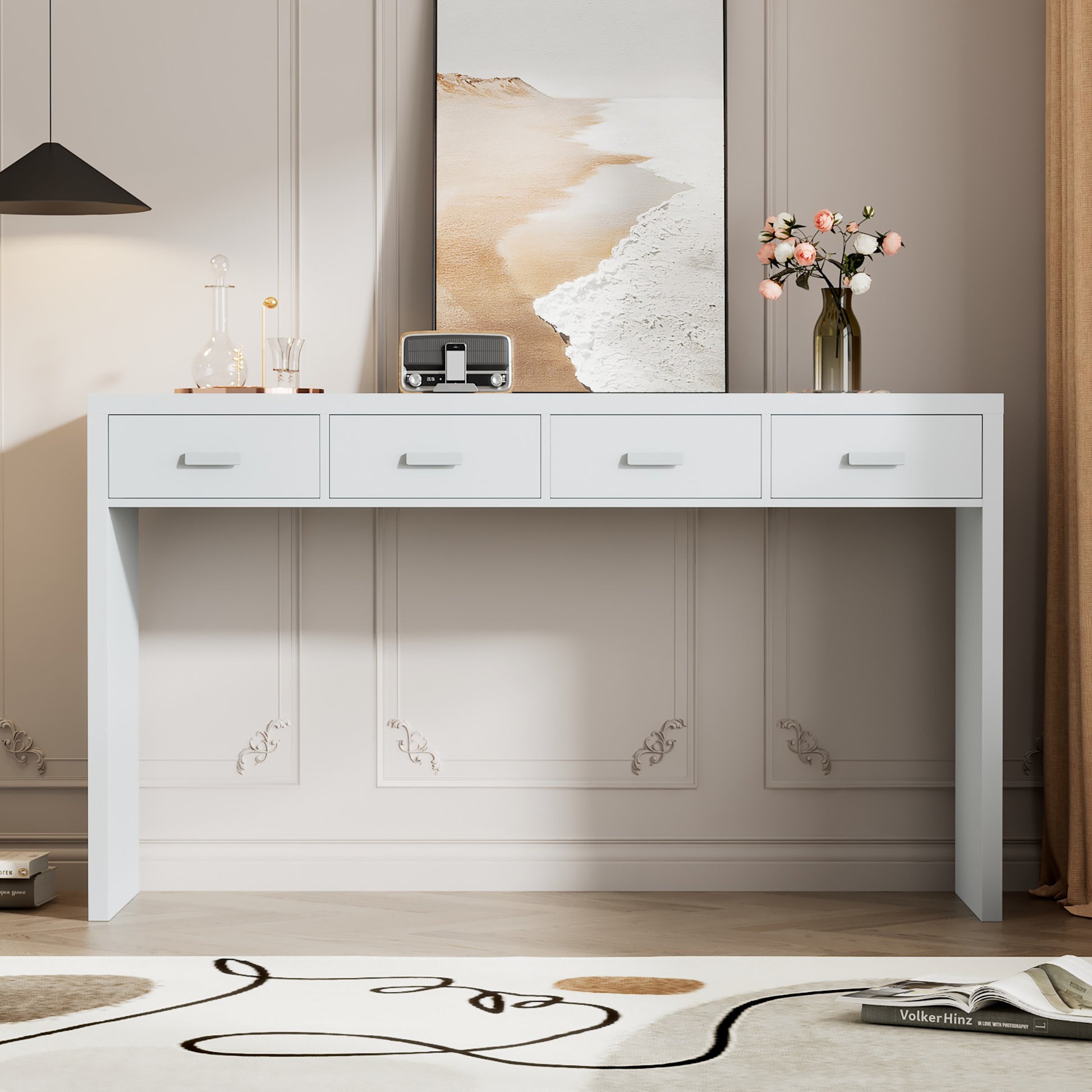 Modern Minimalist Console Table With Open Tabletop And Four Drawers With Metal Handles For Entry Way, Living Room And Dining Room White White Mdf