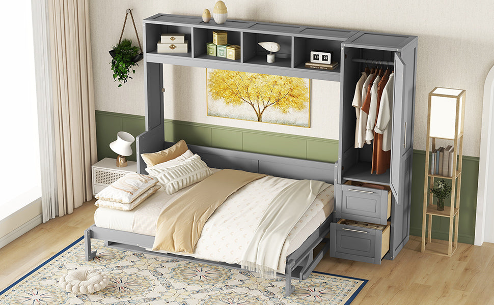 Queen Size Murphy Bed Wall Bed With Closet And Drawers,Gray Gray Mdf Lvl