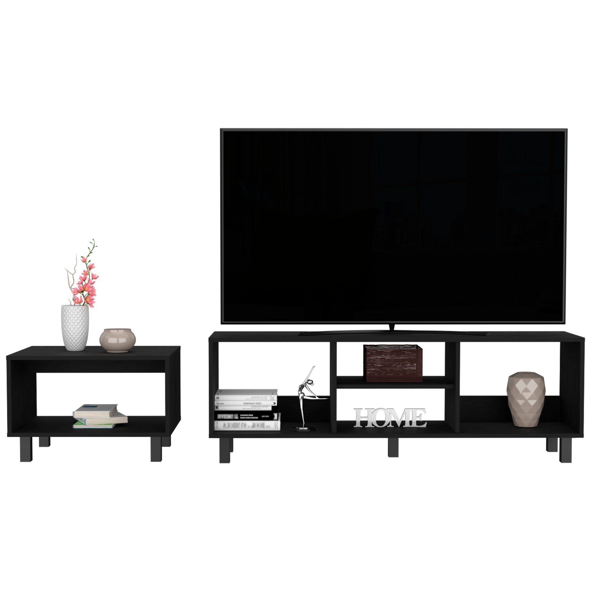 Carter 2 Piece Living Room Set, Streamlined With Tv Stand And Coffee Table, Black Black 50 59 Inches Particle Board Pine