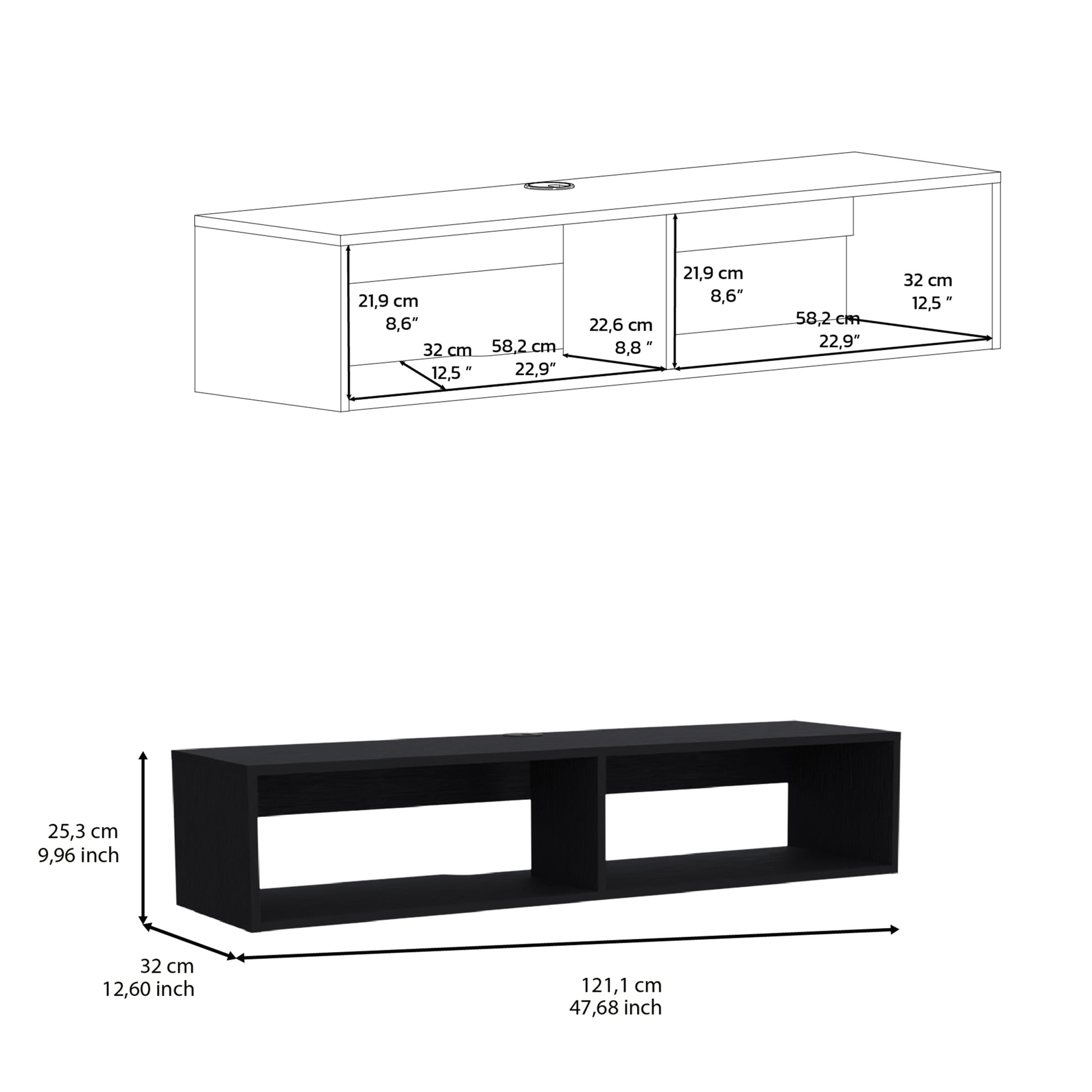 Klein Floatingtv Stand, Space Saver Design With Functional Shelves, Black Black 40 49 Inches Particle Board Pine