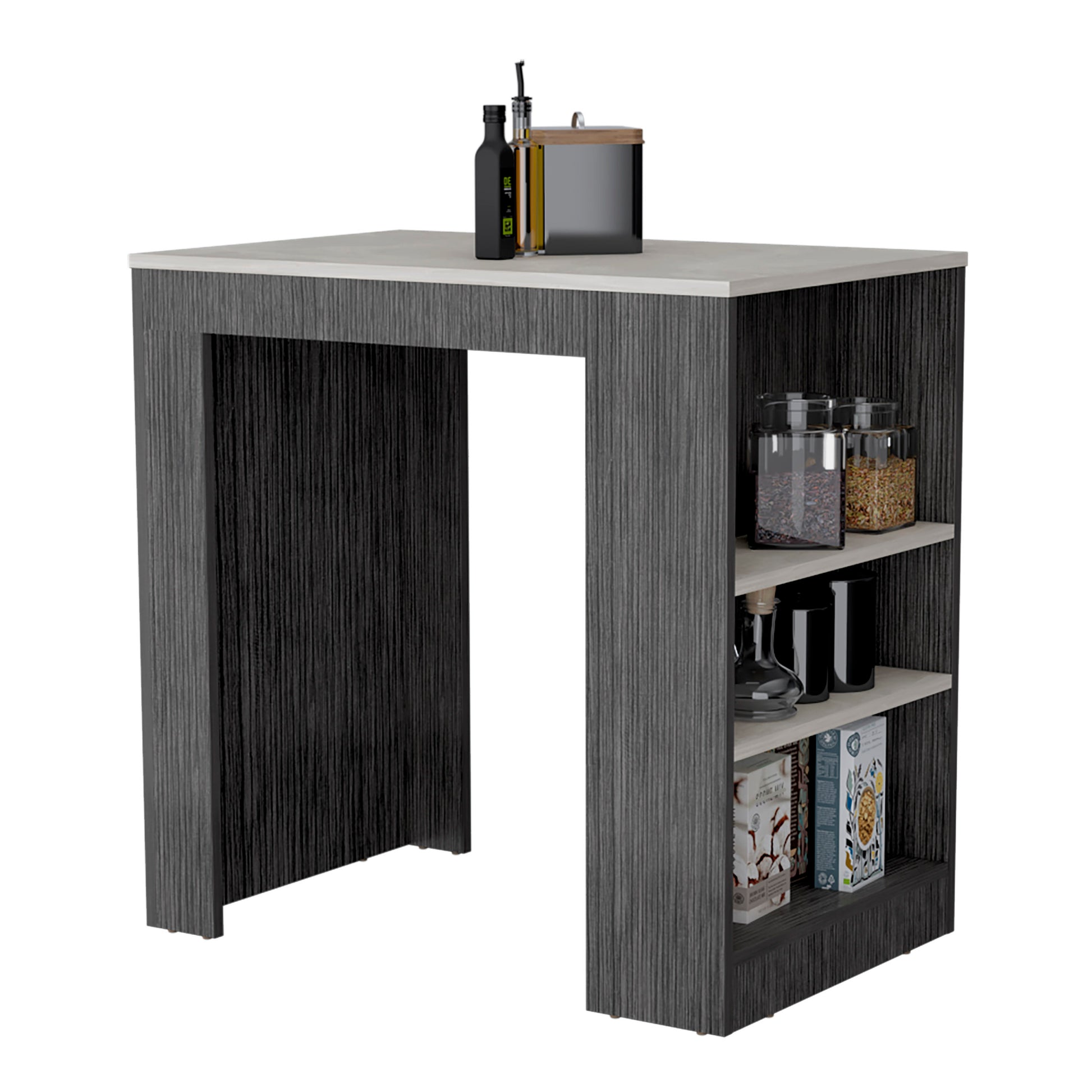 Kitchen Island, Kitchen Bar Table 36" H, 3 Side Shelves, Smokey Oak Ibiza Marble Color Finish Multicolor Particle Board Pine