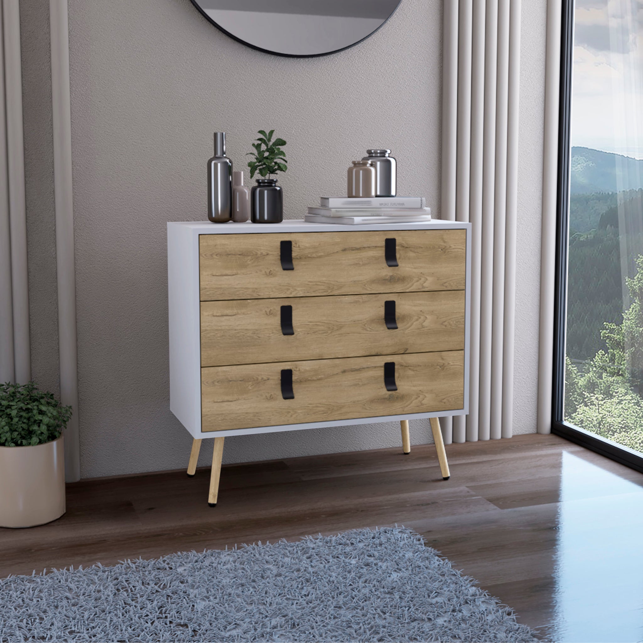 Dresser 29"H, 3 Drawers Dresser With Handles And Wooden Legs, White Macadamia White Walnut Particle Board Pine