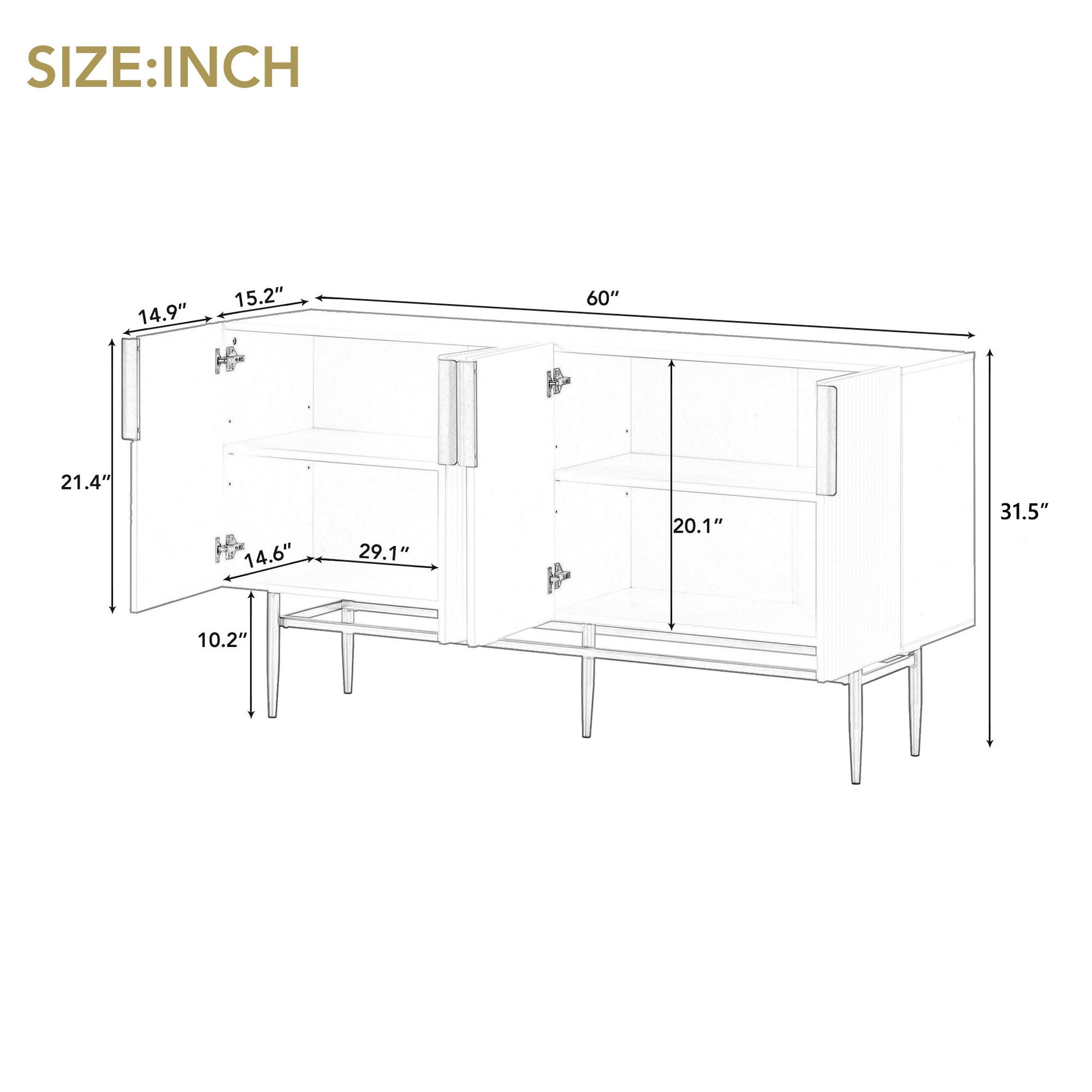 Modern Elegant 4 Door Sideboard Gold Metal Handle Buffet Cabinet For Dining Room, Living Room, Bedroom, Hallway Gray Gray Particle Board