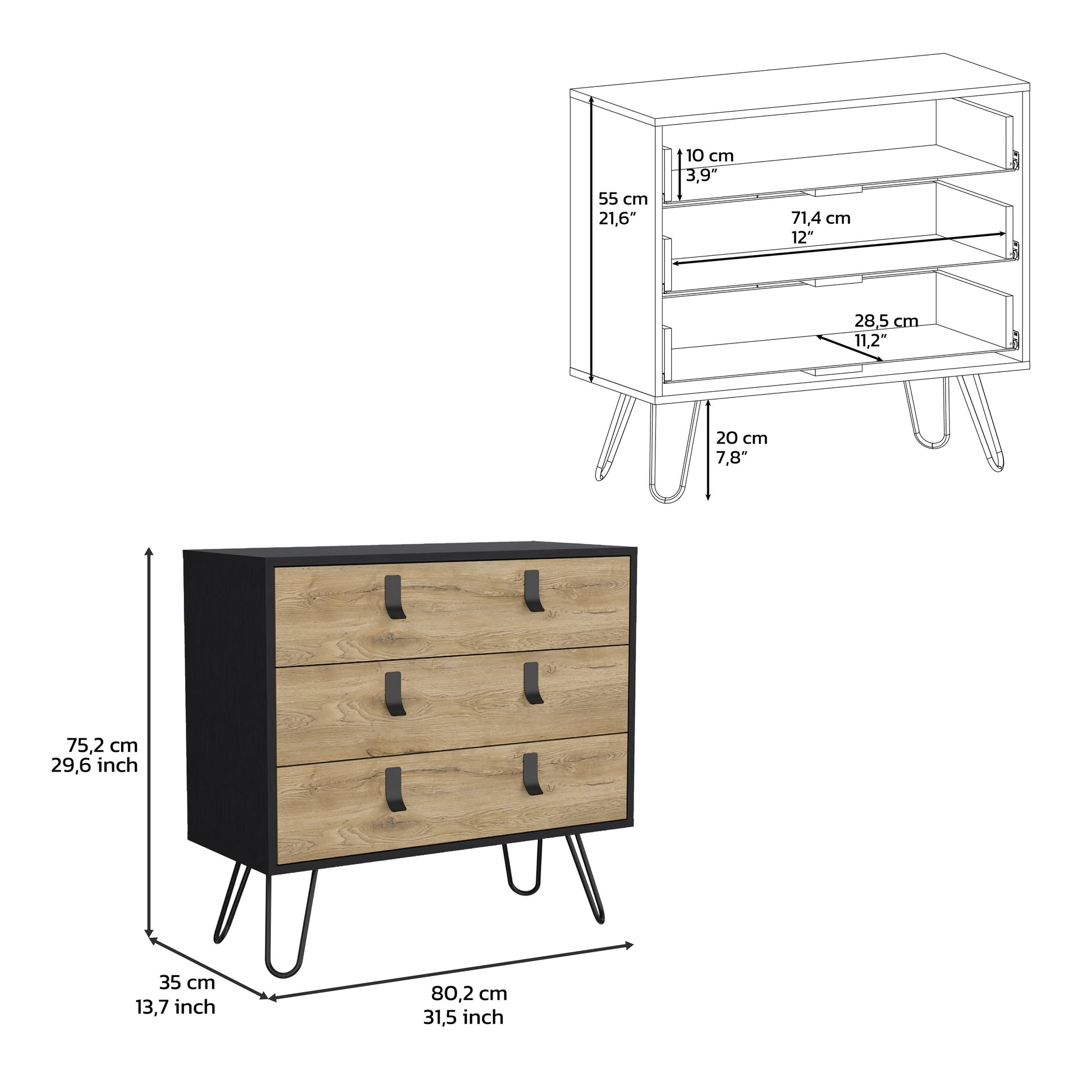 Dresser 29" H, 3 Drawer Organiser, Modern Chest Of Drawers With Hairpin Legs And Metal Accents, Black Macadamia Black Multi Particle Board Pine