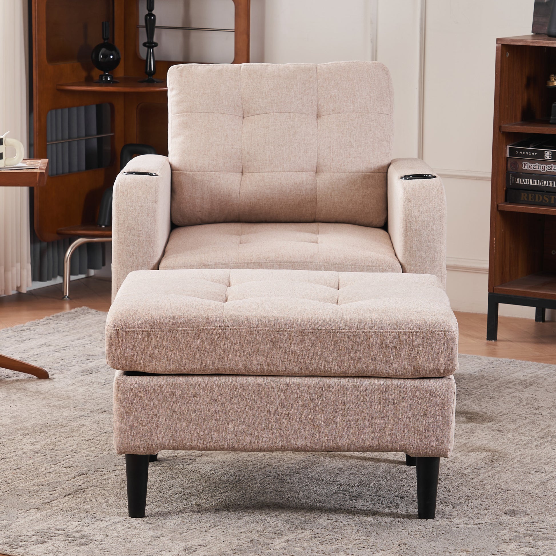 Beige Upholstered Armchair And Storage Ottoman Set Comfortable Single Sofa With Cup Holders And Tufted Detailing, Ideal For Living Room Or Bedroom Beige Metal