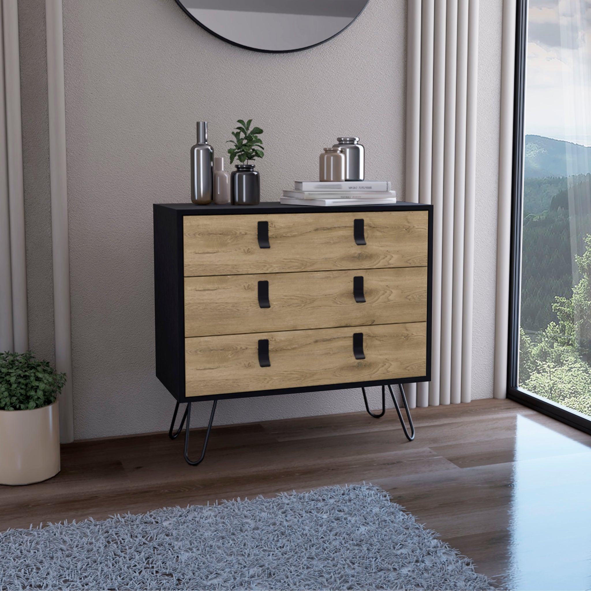 Kimball Hairpin Legs Dresser With 3 Drawers And Modern Design Multicolor Particle Board Engineered Wood