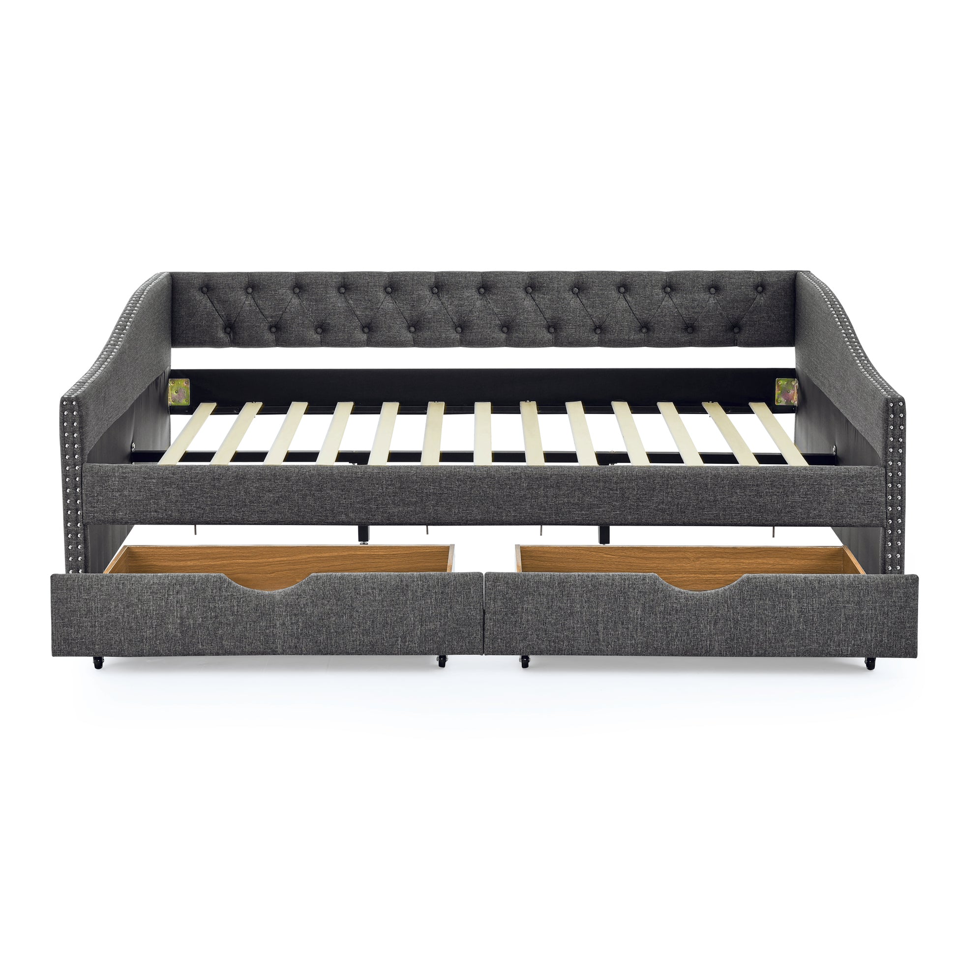 Queen Size Daybed With Drawers Upholstered Tufted Sofa Bed,With Button On Back And Copper Nail On Waved Shape Arms 84.5"X63.5"X26.5" Dark Grey Linen