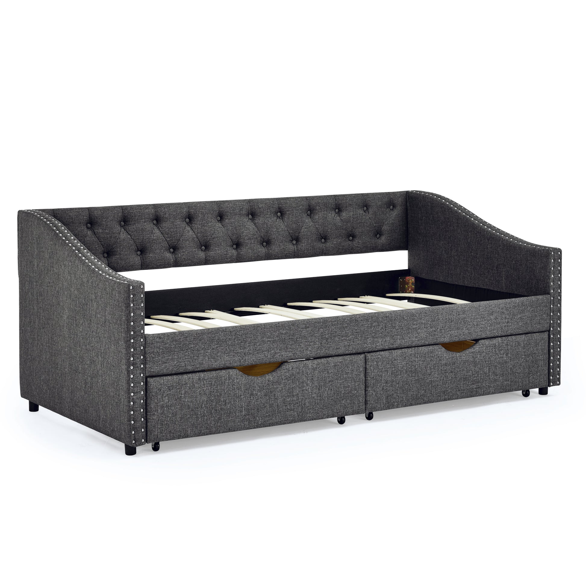 Twin Size Daybed With Drawers Upholstered Tufted Sofa Bed, With Button On Back And Copper Nail On Waved Shape Arms 81.5''X4''X30.5'' Dark Grey Linen