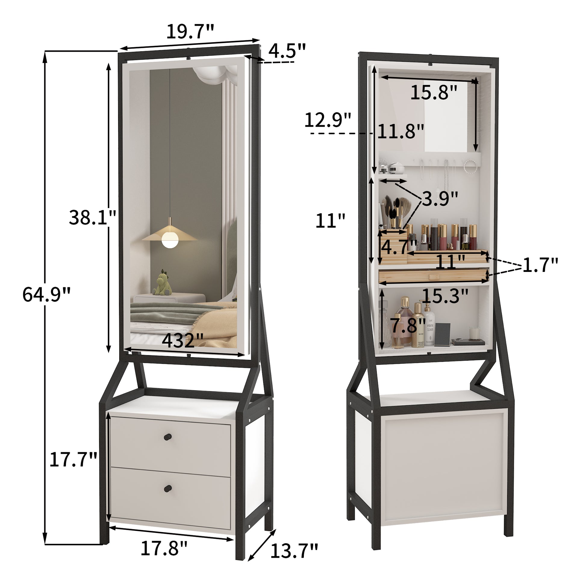 360 Swivel Jewelry Armoire & Makeup Mirror Cabinet With 2 Bottom Drawer, Rotates Freely, Spacious Storage Area, Hand Painted & Artisan White Finish White Modern Mdf