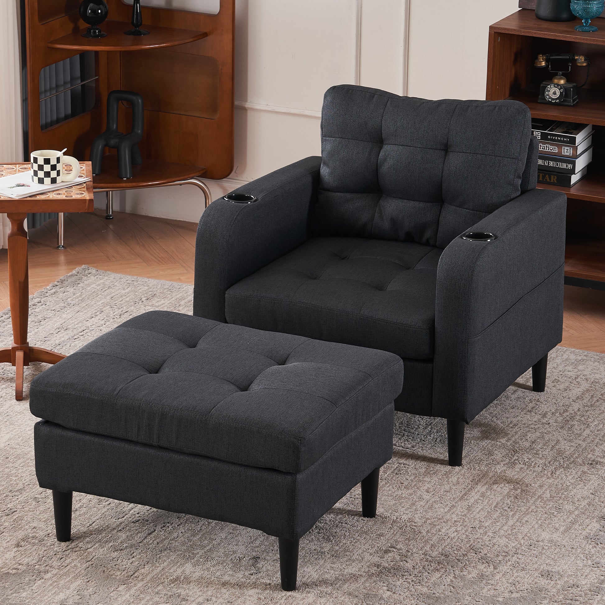 Dark Gray Upholstered Armchair And Storage Ottoman Set Comfortable Single Sofa With Cup Holders And Tufted Detailing, Ideal For Living Room Or Bedroom Dark Gray Foam Metal