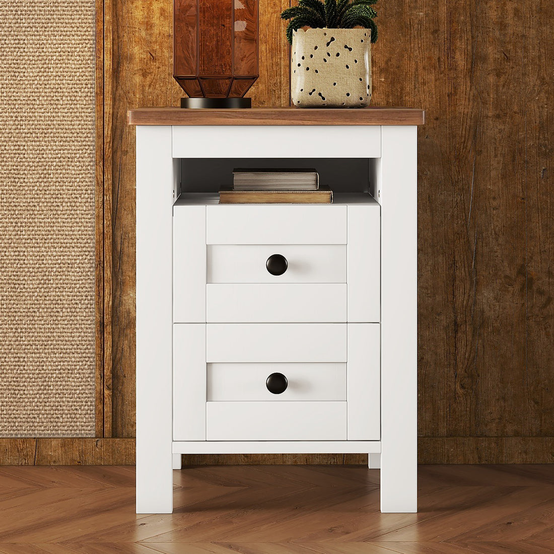 2 Drawer Farmhouse Wooden Nightstand With Well Proportioned Design And Sleek Lines, Wood Side Table With Storage Cabinet For Bedroom, White Brown White Particle Board