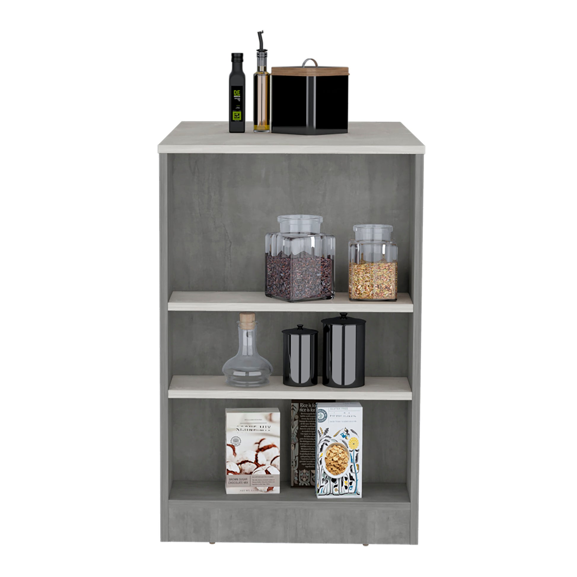 Kitchen Island, Kitchen Bar Table 36" H, 3 Side Shelves, Concrete Gray Ibiza Marble Light Grey Multi Particle Board Pine