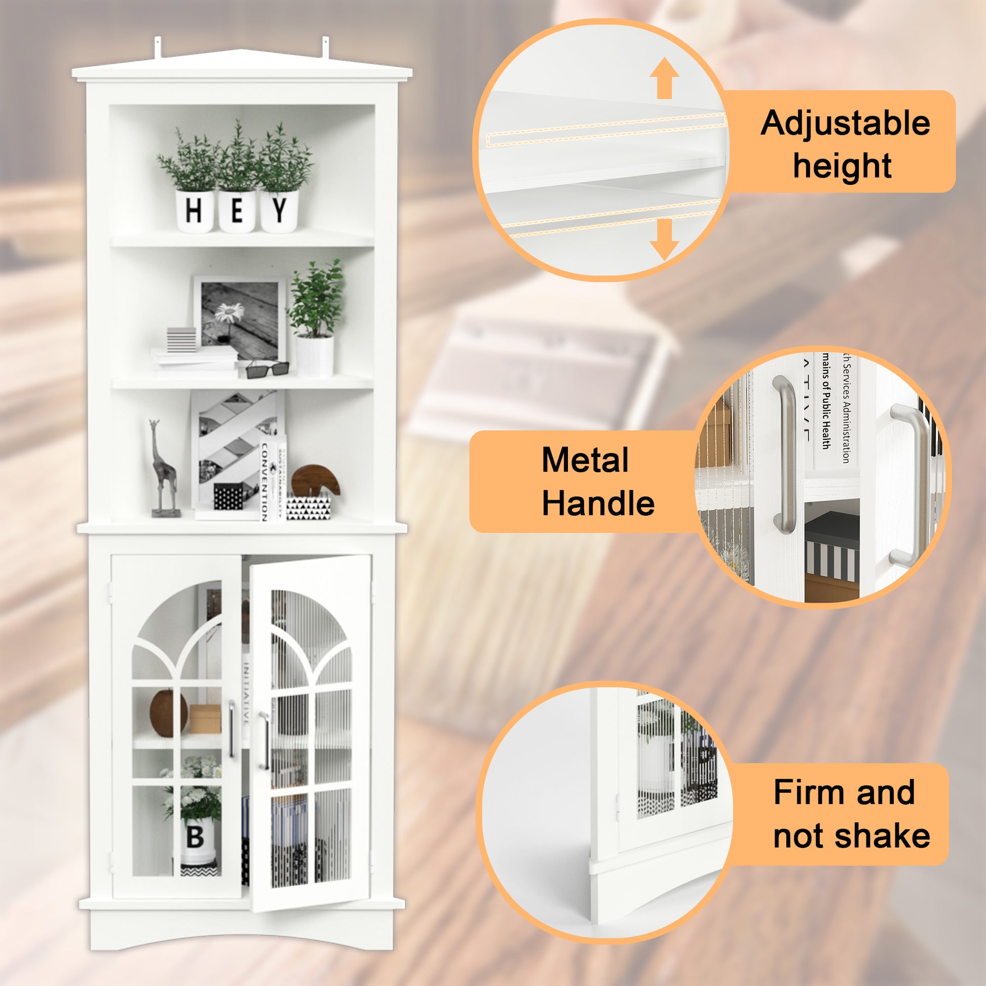 Corner Storage Cabinet, 63.3" Tall Freestanding Bookcase With Doors & Adjustable Shelves, 5 Tier Corner Display Cabinet For Living Room, Office, Dining Room, White White Adjustable Shelves Mdf Metal