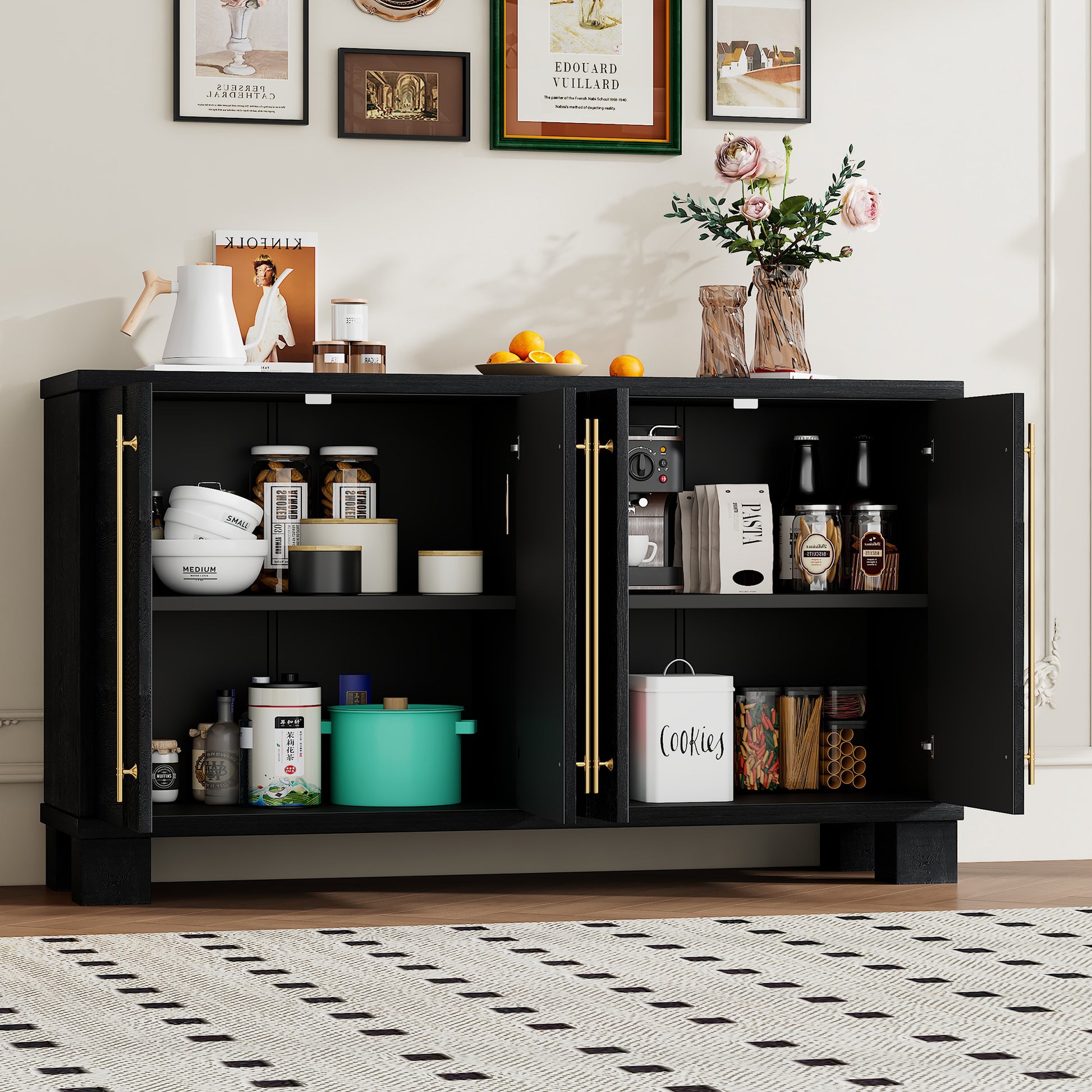 Wood Traditional Style Sideboard With Adjustable Shelves And Gold Handles For Kitchen, Dining Room And Living Room Black Black Mdf