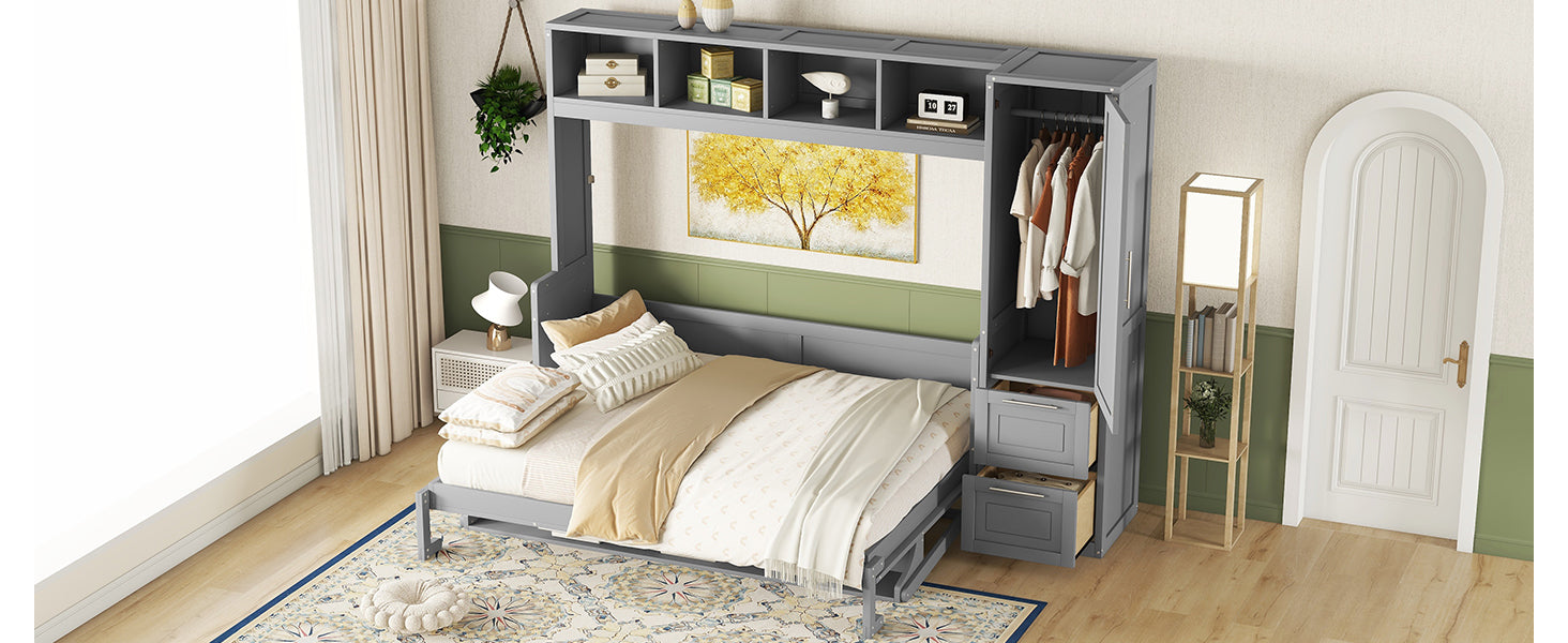 Queen Size Murphy Bed Wall Bed With Closet And Drawers,Gray Gray Mdf Lvl