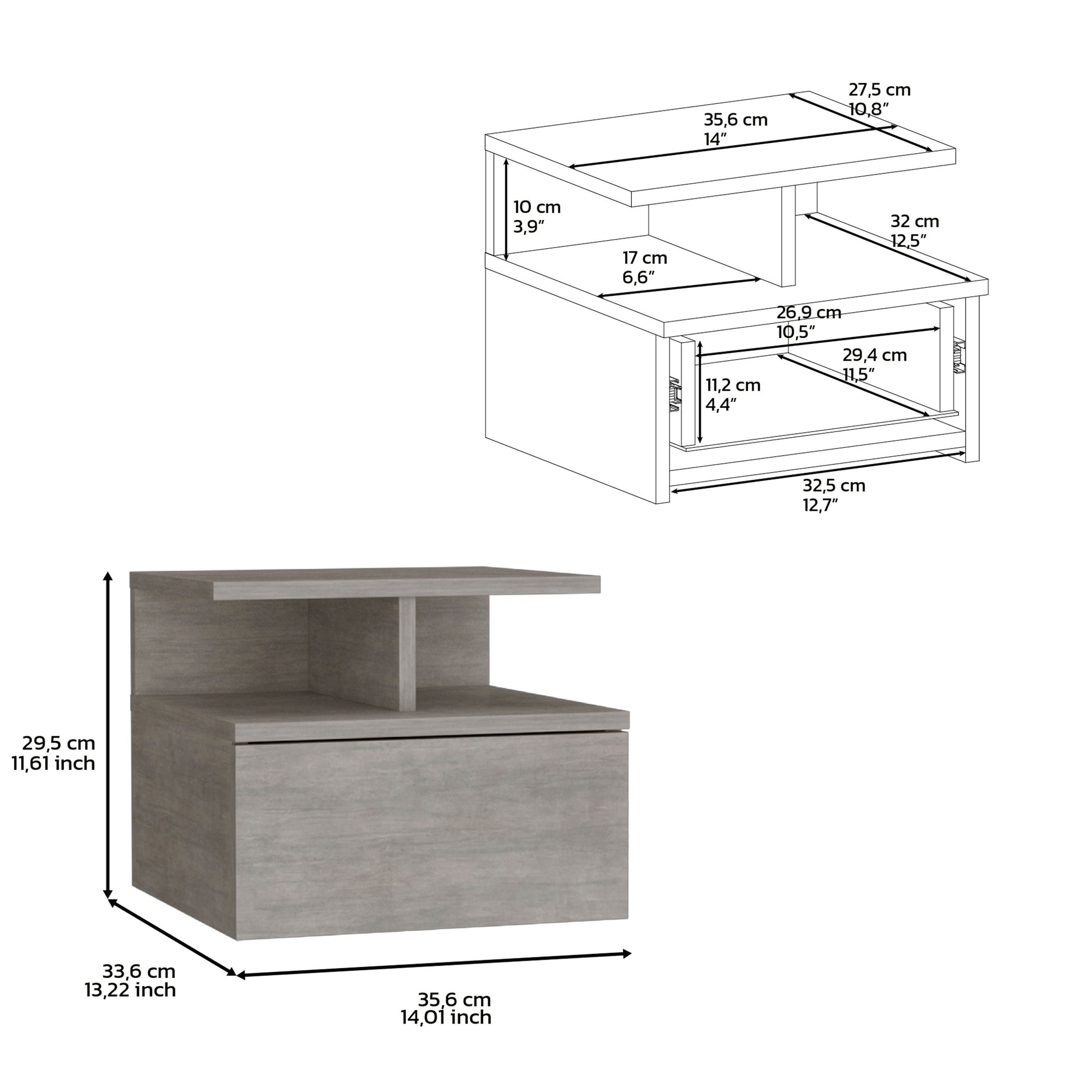 Floating Nightstand 12"H, Wall Mounted With Single Drawer And 2 Tier Shelf, Concrete Gray Gray Particle Board Pine