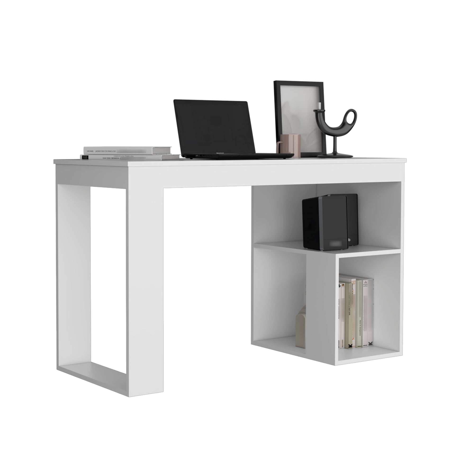 Depot E Shop Firenze Writing Desk, Two Shelves, White White Particle Board Pine