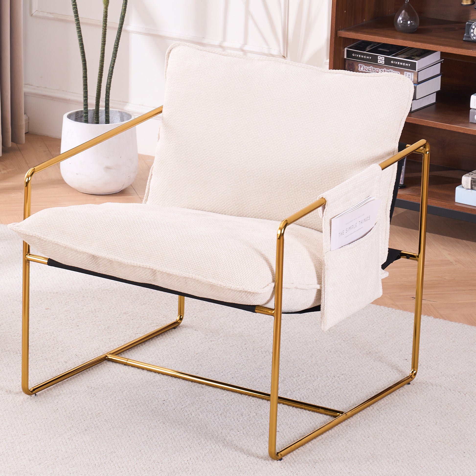 2 Chairs In 1 Box, Upholstered Hanging Armchair With Arm Pocketsmetal Frame, Gold Plated Craftsman, Crushed Foam Cushions And Skin Friendly Woven Fabric For Living Room And Bedroom. Beige Beige Metal