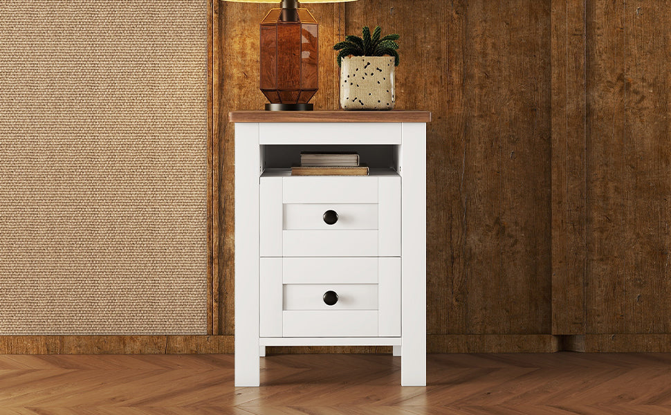 2 Drawer Farmhouse Wooden Nightstand With Well Proportioned Design And Sleek Lines, Wood Side Table With Storage Cabinet For Bedroom, White Brown White Particle Board