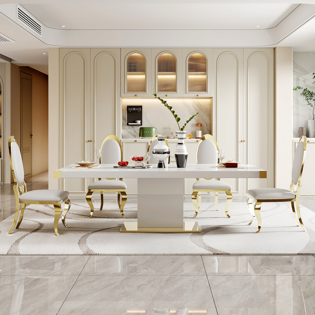 Mdf Top Dining Table With Gold Finish Corner, Mdf Pillar And Gold Finish Stainless Steel Base White Mdf