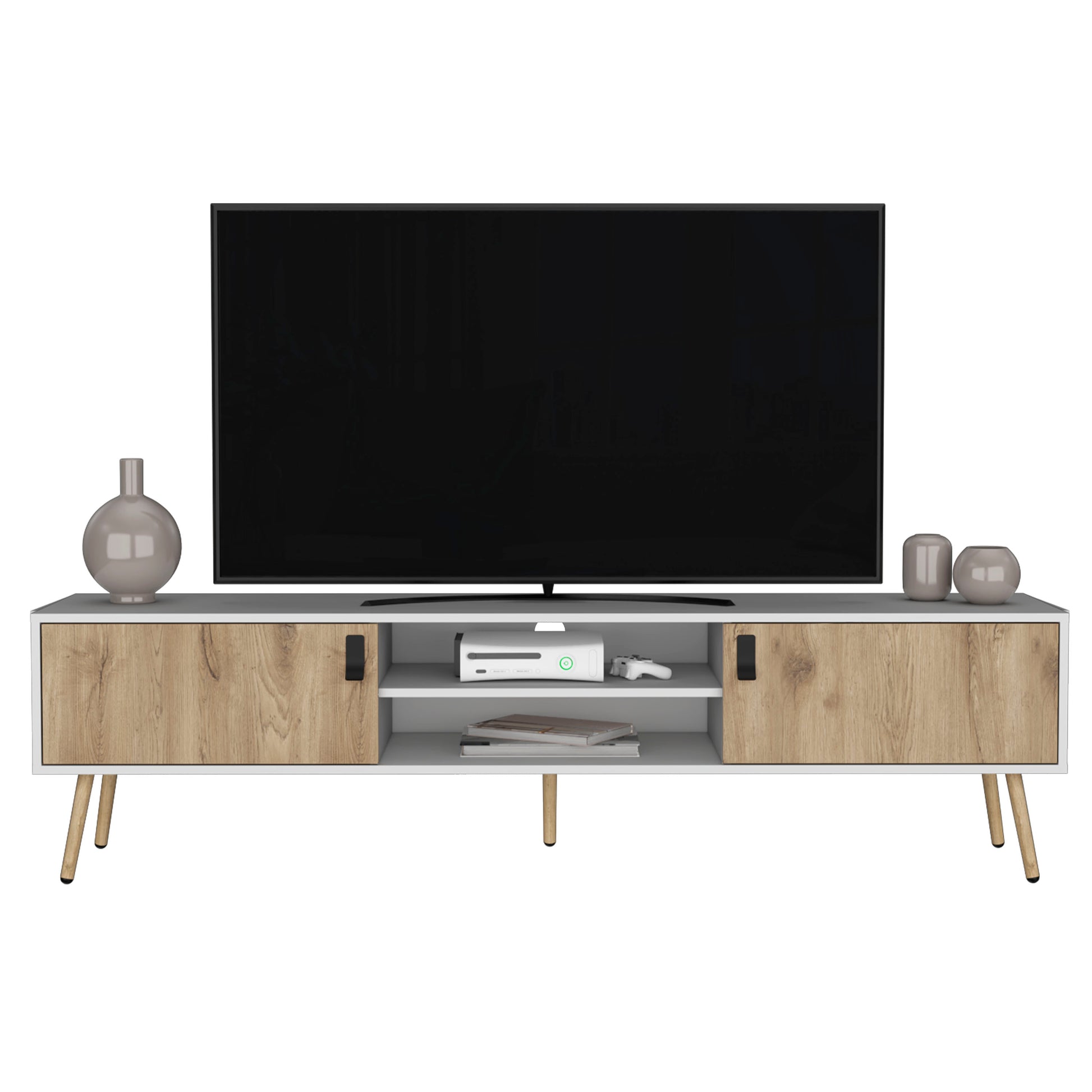 Toka Tv Rack With 2 Hinged Doors And Central Shelves, White Macadamia White Walnut 60 69 Inches Particle Board Pine