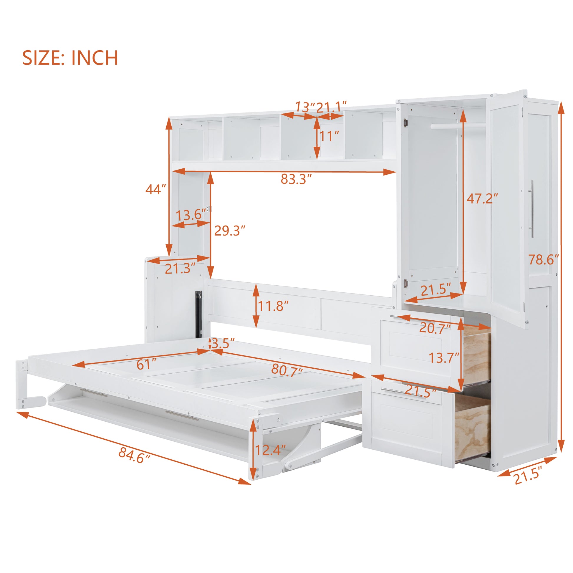 Queen Size Murphy Bed Wall Bed With Closet And Drawers,White Queen White Mdf Lvl