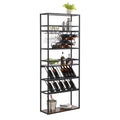 Led Tall Wine Rack Freestanding Floor, 7 Tier Wine Baker Rack With Glass Holder & Wine Storage, Industrial Wine Display Shelf Wine Bar Cabinet For Bar, Kitchen, Dining Room Walnut Black Dining Room Industrial Mdf Metal