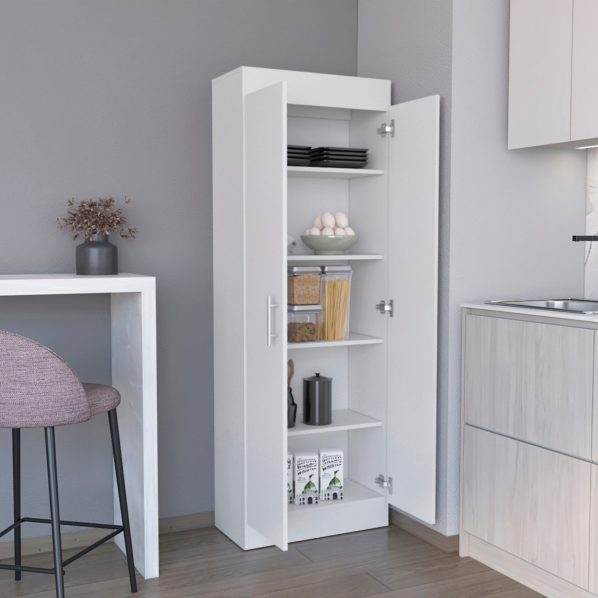 Pantry Cabinet 67" H, 5 Internal Shelves, Two Doors, White White Particle Board Pine