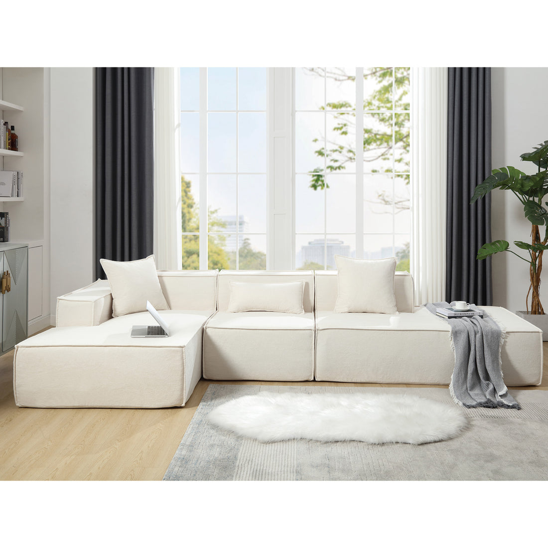 Modular Combination Living Room Sofa Set, Modern Minimalist Sofa, Free Installation Sofa, L Shaped, Italian Minimalist Tofu Block Sofa, Left Hand Facing,Terrycloth Fabricbeige Beige Polyester