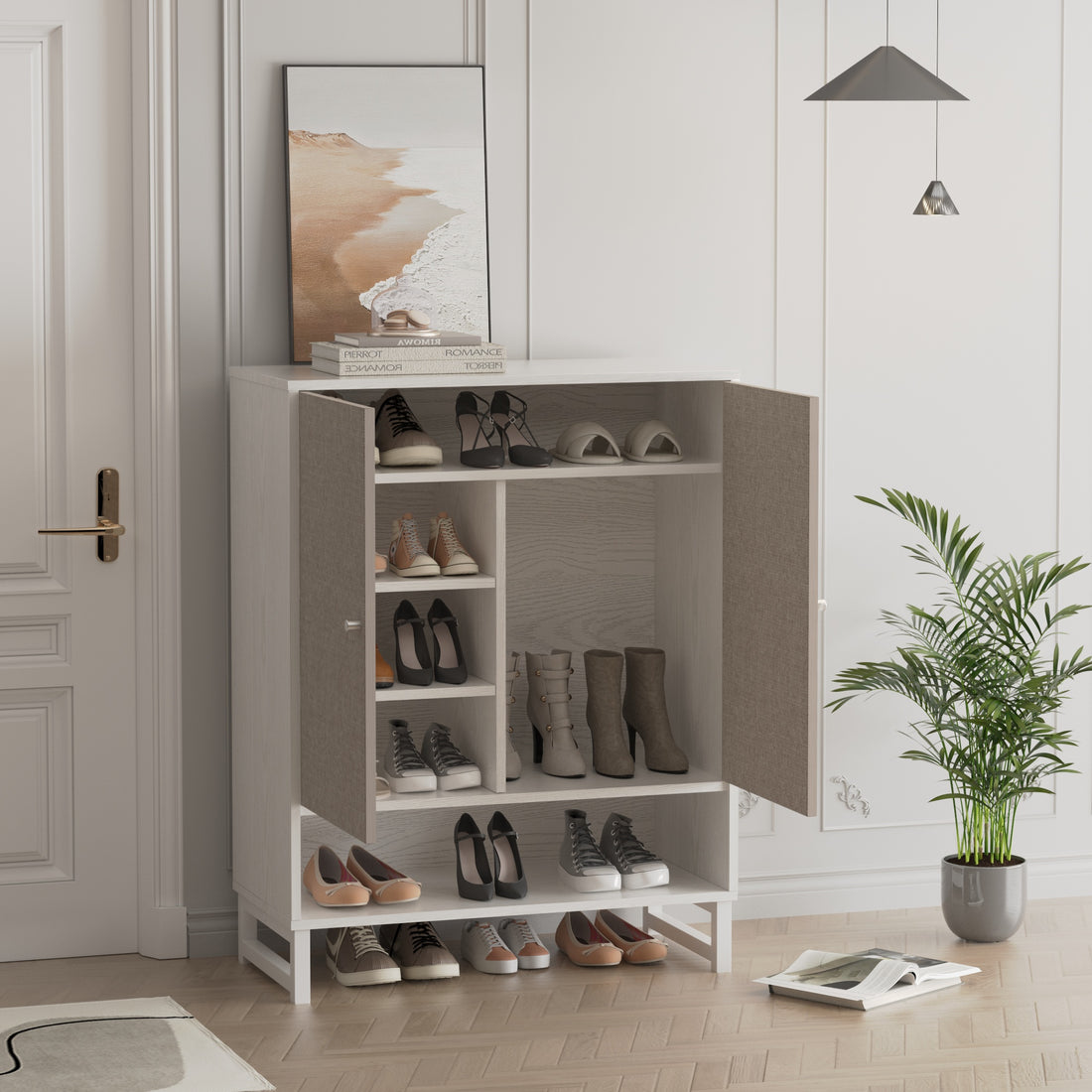 Shoe Cabinet With Doors, 6 Tier Shoe Storage Cabinet With Shelves, Wooden Shoes Rack Shoe Storage Organizer For Entryway, Hallway, Closet, Living Room, White 5 Or More Shelves White Open Storage Space Particle Board