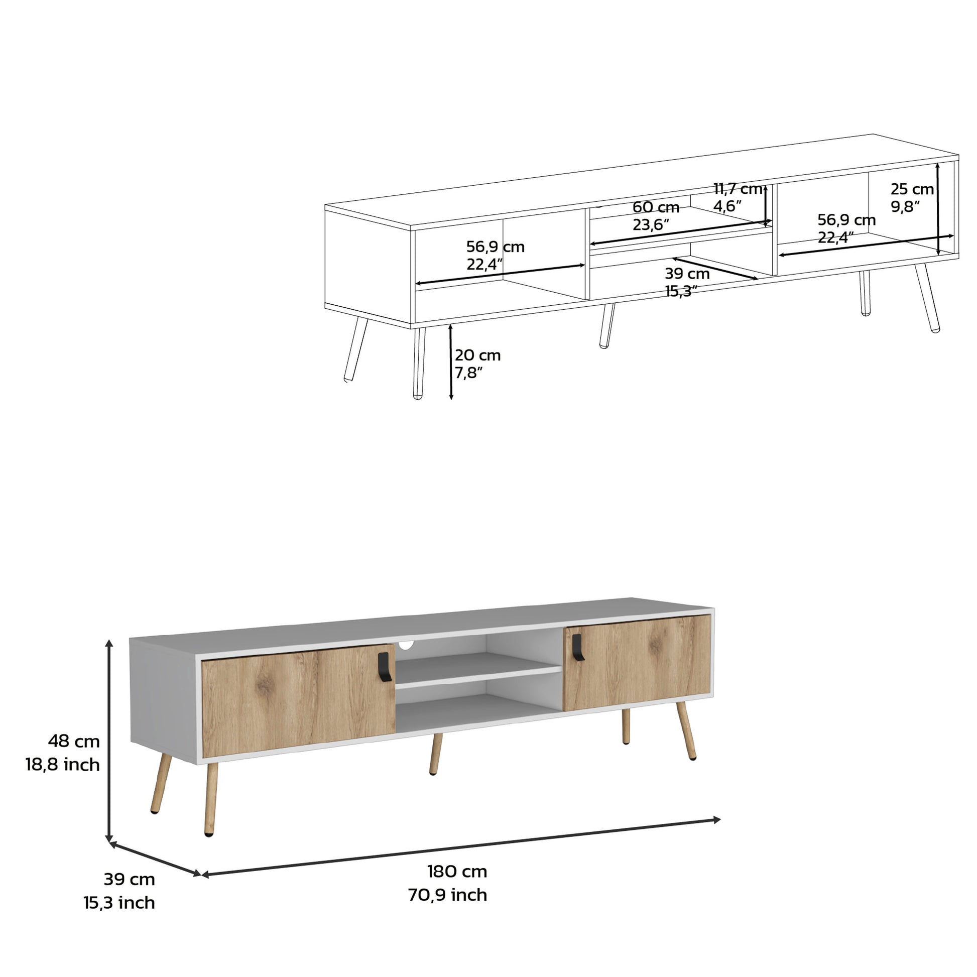 Toka Tv Rack With 2 Hinged Doors And Central Shelves, White Macadamia White Walnut 60 69 Inches Particle Board Pine