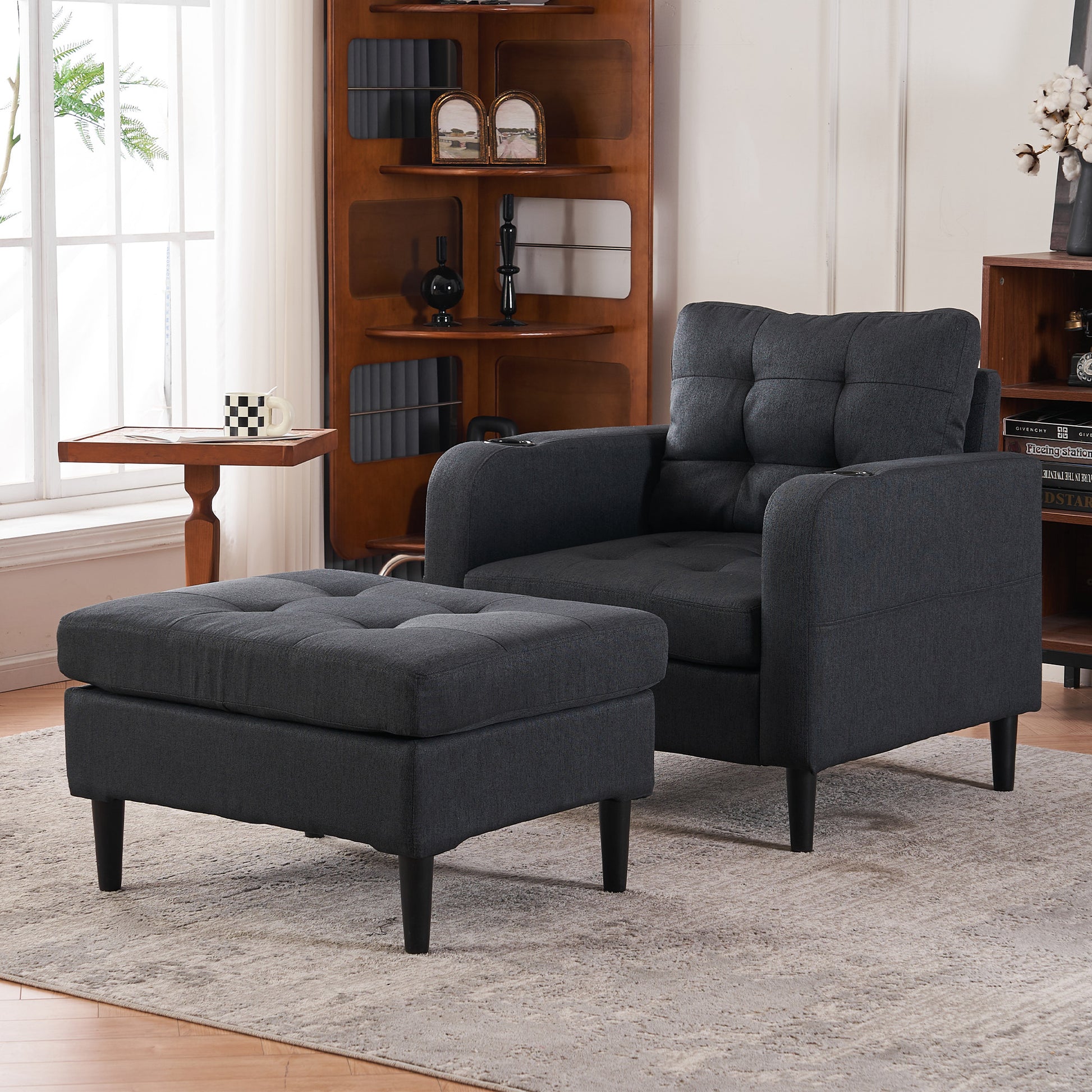 Dark Gray Upholstered Armchair And Storage Ottoman Set Comfortable Single Sofa With Cup Holders And Tufted Detailing, Ideal For Living Room Or Bedroom Dark Gray Foam Metal