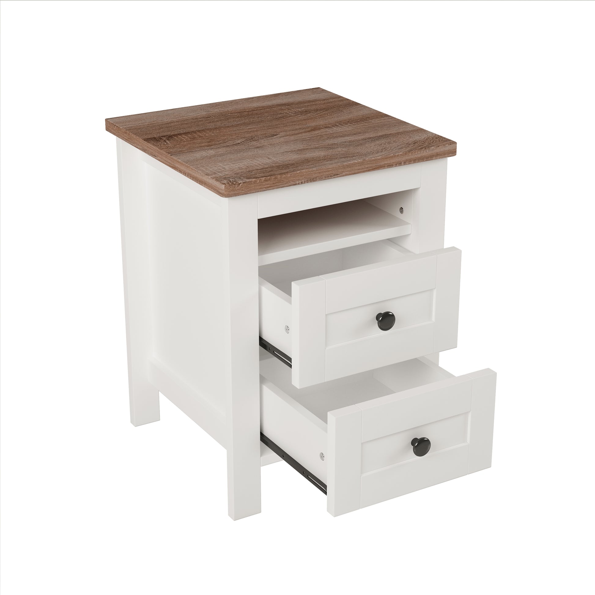 2 Drawer Farmhouse Wooden Nightstand With Well Proportioned Design And Sleek Lines, Wood Side Table With Storage Cabinet For Bedroom, White Brown White Particle Board