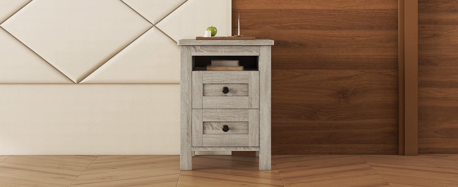 2 Drawer Farmhouse Wooden Nightstand With Well Proportioned Design And Sleek Lines, Wood Side Table With Storage Cabinet For Bedroom, Antique Gray Antique Gray Particle Board