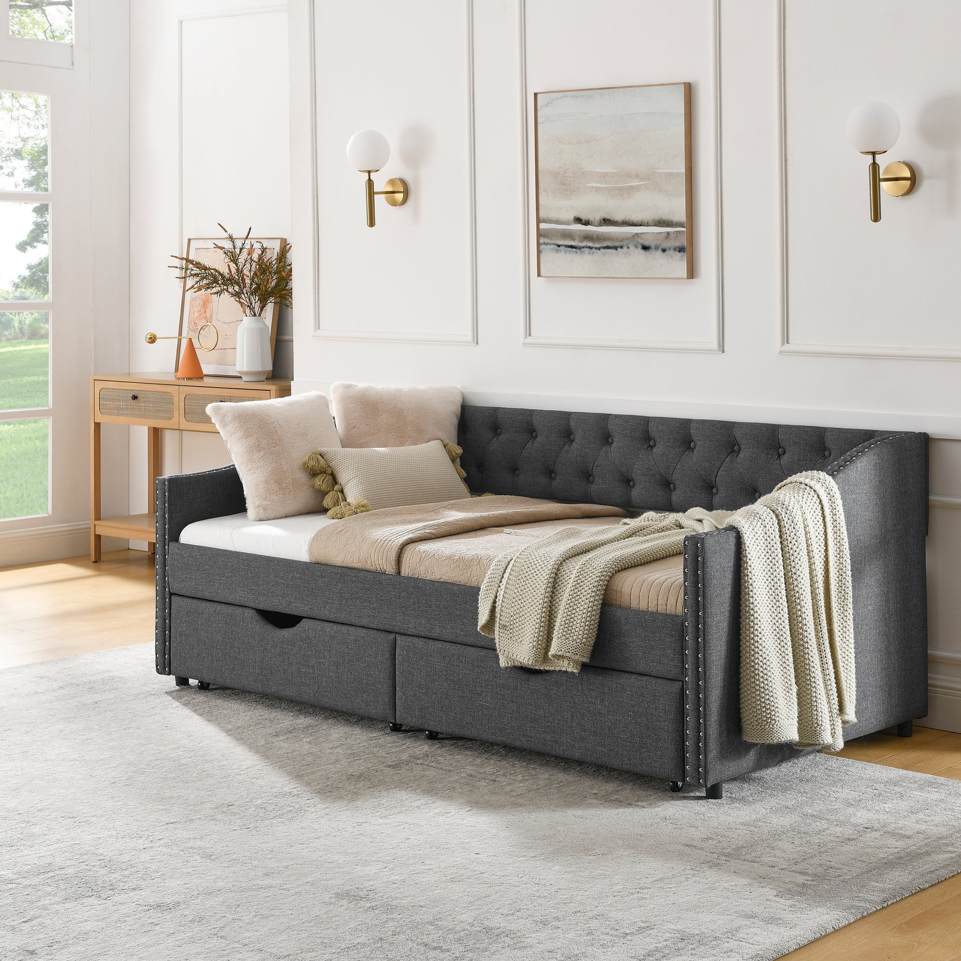 Twin Size Daybed With Drawers Upholstered Tufted Sofa Bed, With Button On Back And Copper Nail On Waved Shape Arms 81.5''X4''X30.5'' Dark Grey Linen