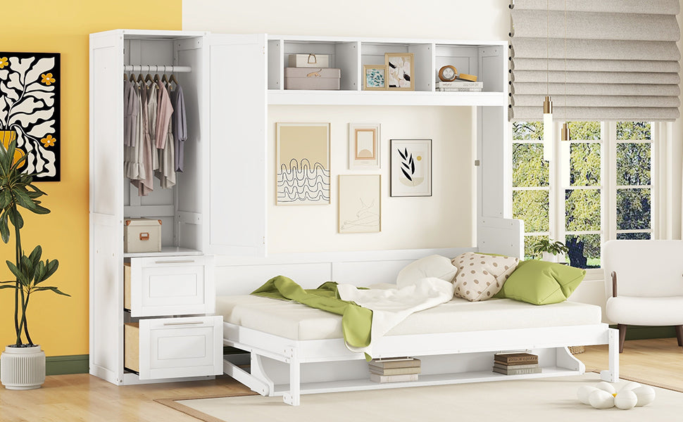 Queen Size Murphy Bed Wall Bed With Closet And Drawers,White Queen White Mdf Lvl