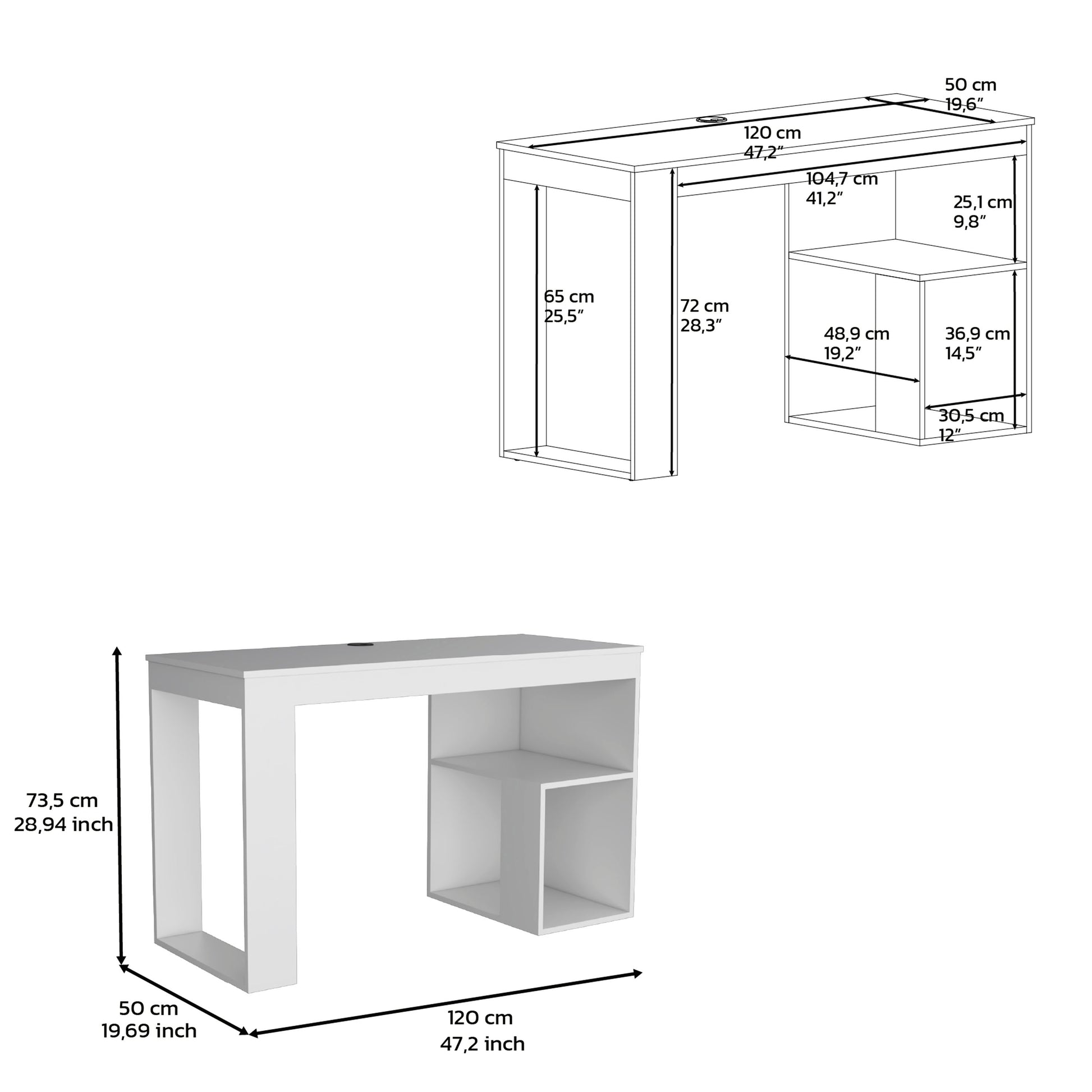 Depot E Shop Firenze Writing Desk, Two Shelves, White White Particle Board Pine