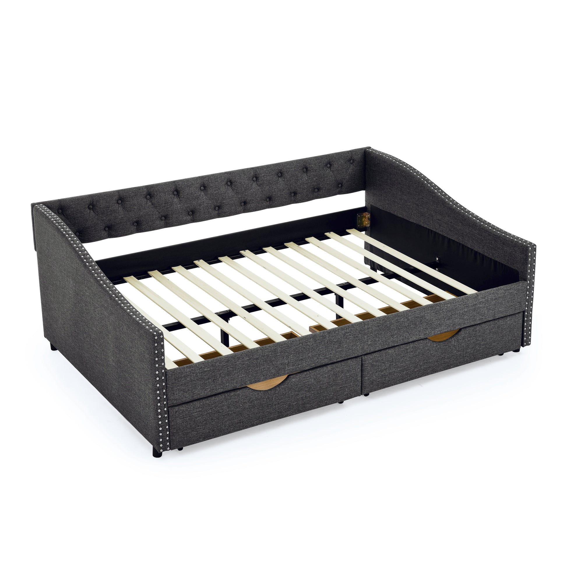 Full Size Daybed With Drawers Upholstered Tufted Sofa Bed, With Button On Back And Copper Nail On Waved Shape Arms 80.5''X55.5''X27.5'' Dark Grey Linen