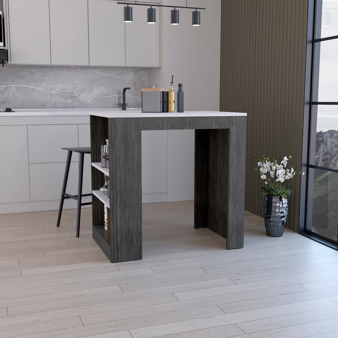 Kitchen Island, Kitchen Bar Table 36" H, 3 Side Shelves, Smokey Oak Ibiza Marble Light Multicolor Particle Board Pine