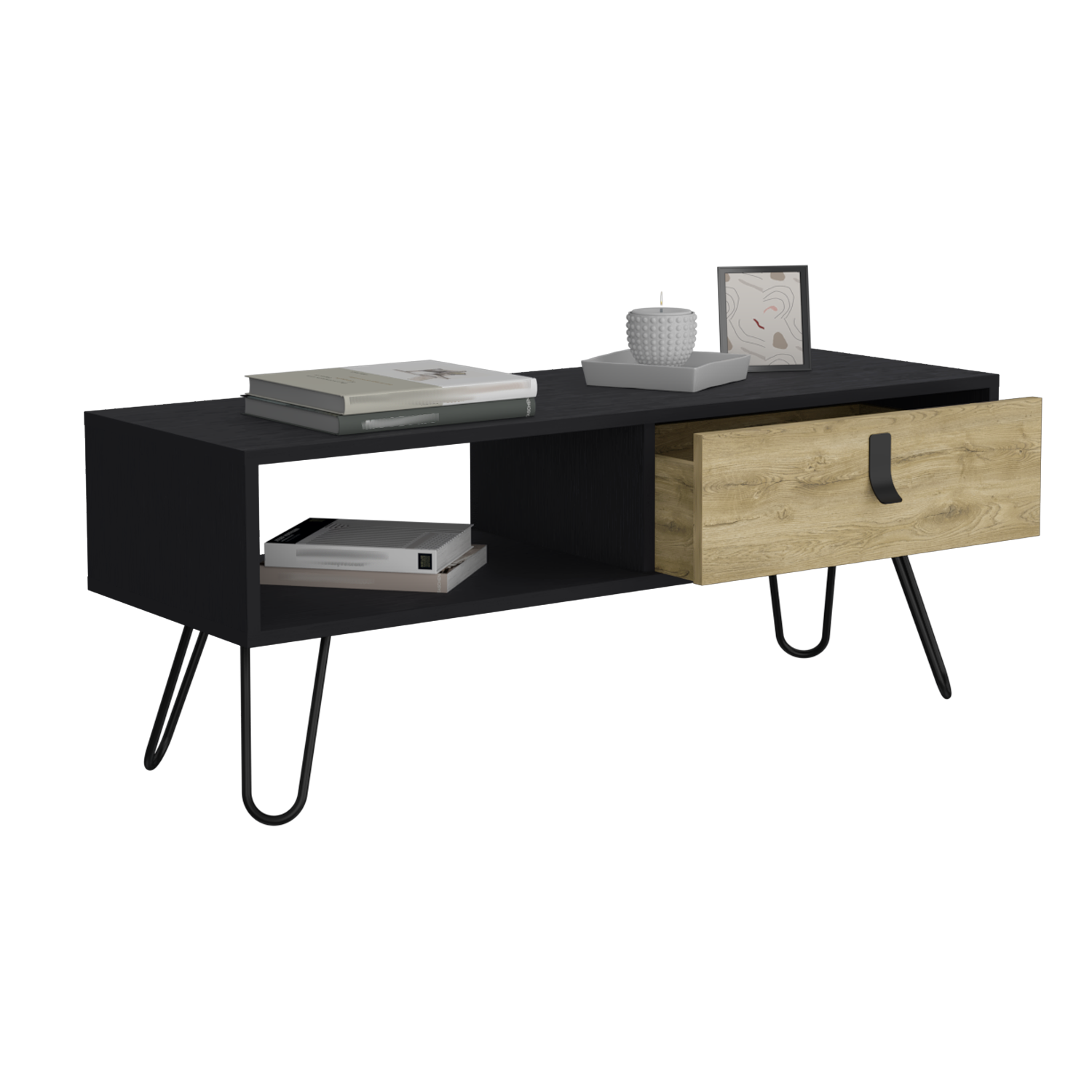 15" H Rectangular White Macadamia Coffee Table, 4 Vintage Metal Legs, 1 Vertical Divider For Designer Books, And 1 Drawer For Storing Small Things. Black Multi Particle Board Pine