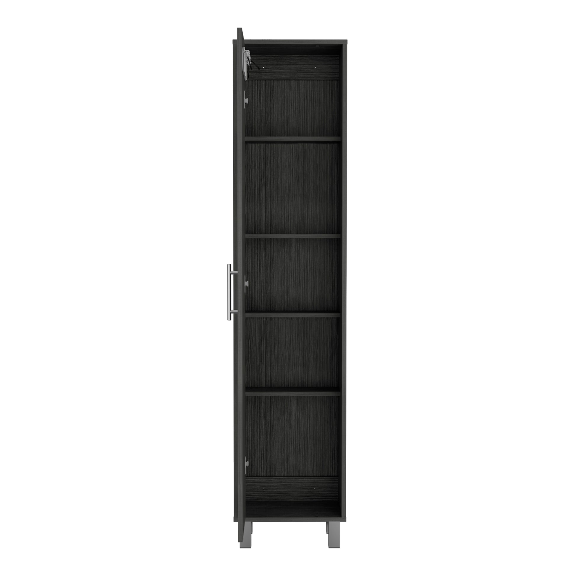 70.8H" Tall Narrow Storage Cabinet With 5 Tier Shelf, 3 Broom Hangers And Metal Hardware, Smokey Oak Oak Particle Board Pine