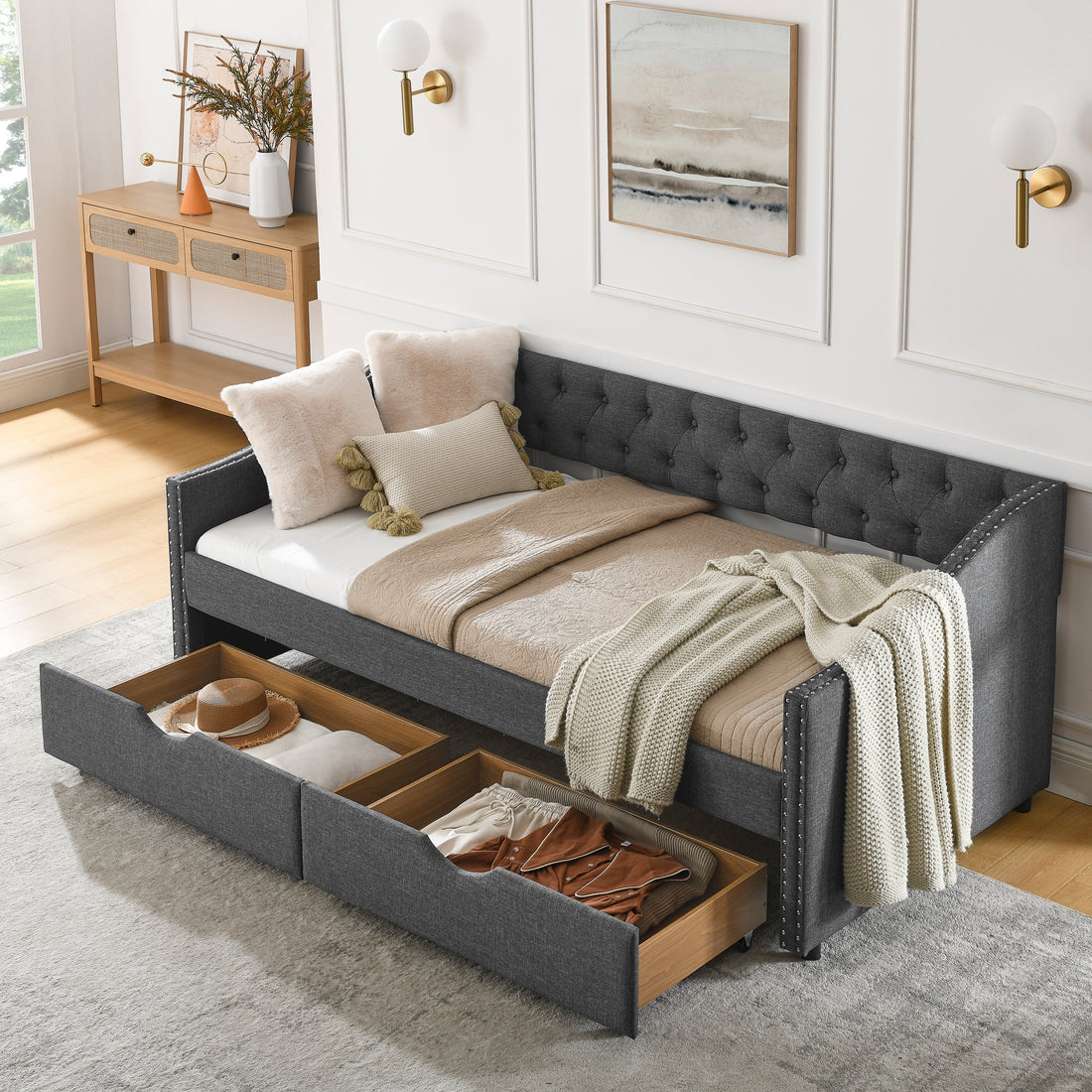 Twin Size Daybed With Drawers Upholstered Tufted Sofa Bed, With Button On Back And Copper Nail On Waved Shape Arms 81.5''X4''X30.5'' Dark Grey Linen