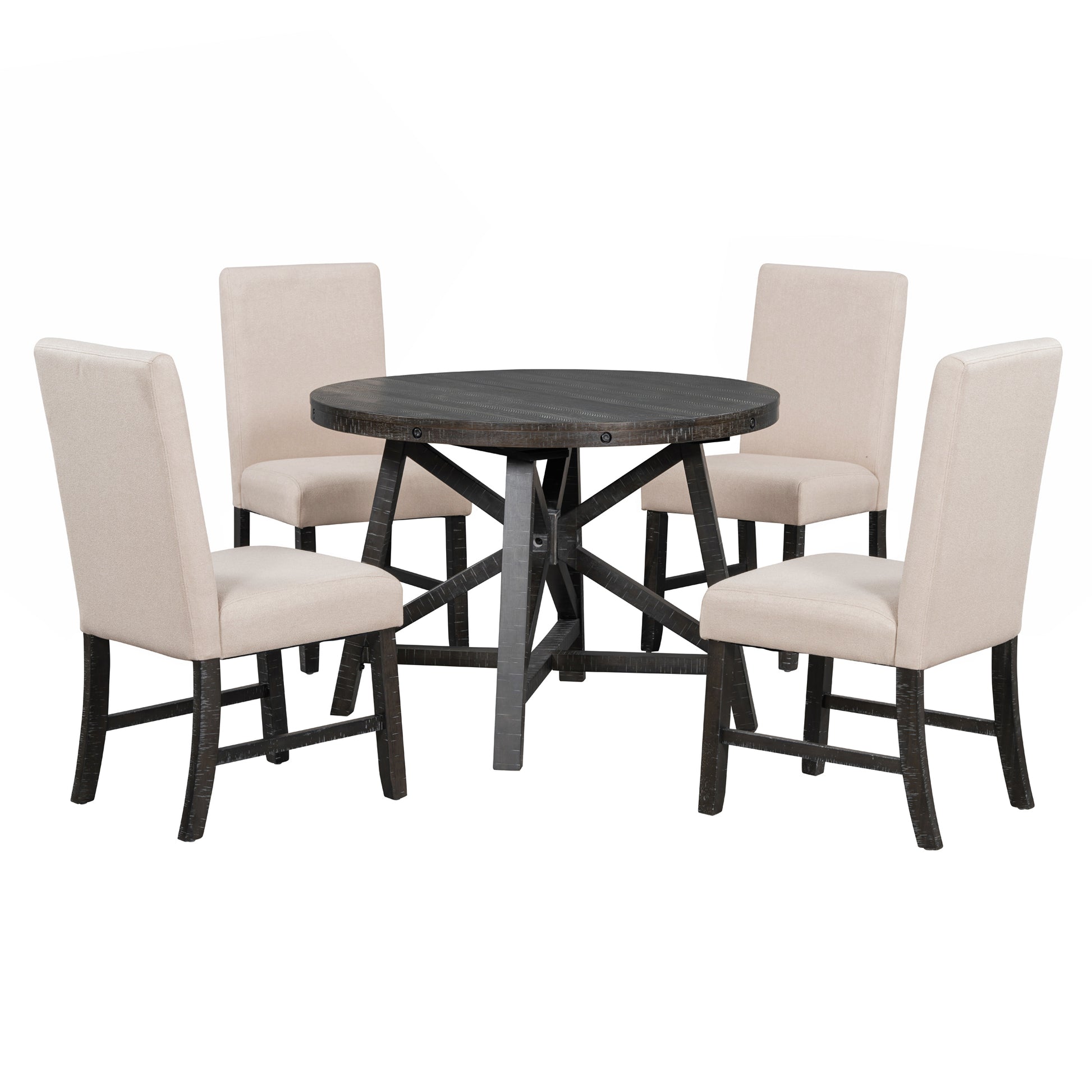 5 Piece Retro Functional Dining Set With Extendable Round Table With Removable Middle Leaf And 4 Upholstered Chairs For Dining Room And Living Room Black Black Solid Wood Mdf