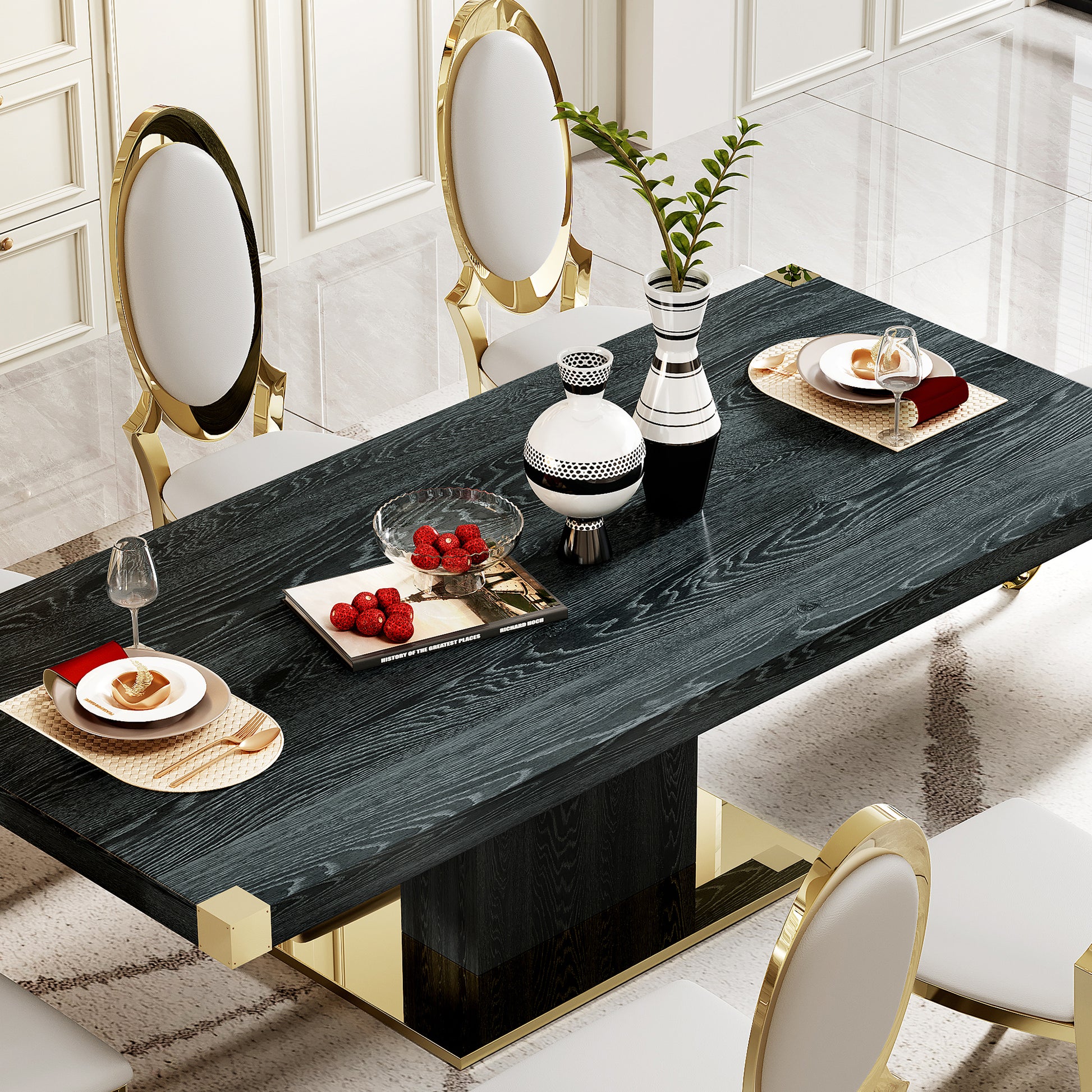 Mdf Top Dining Table With Gold Finish Corner, Mdf Pillar And Gold Finish Stainless Steel Base Black Mdf